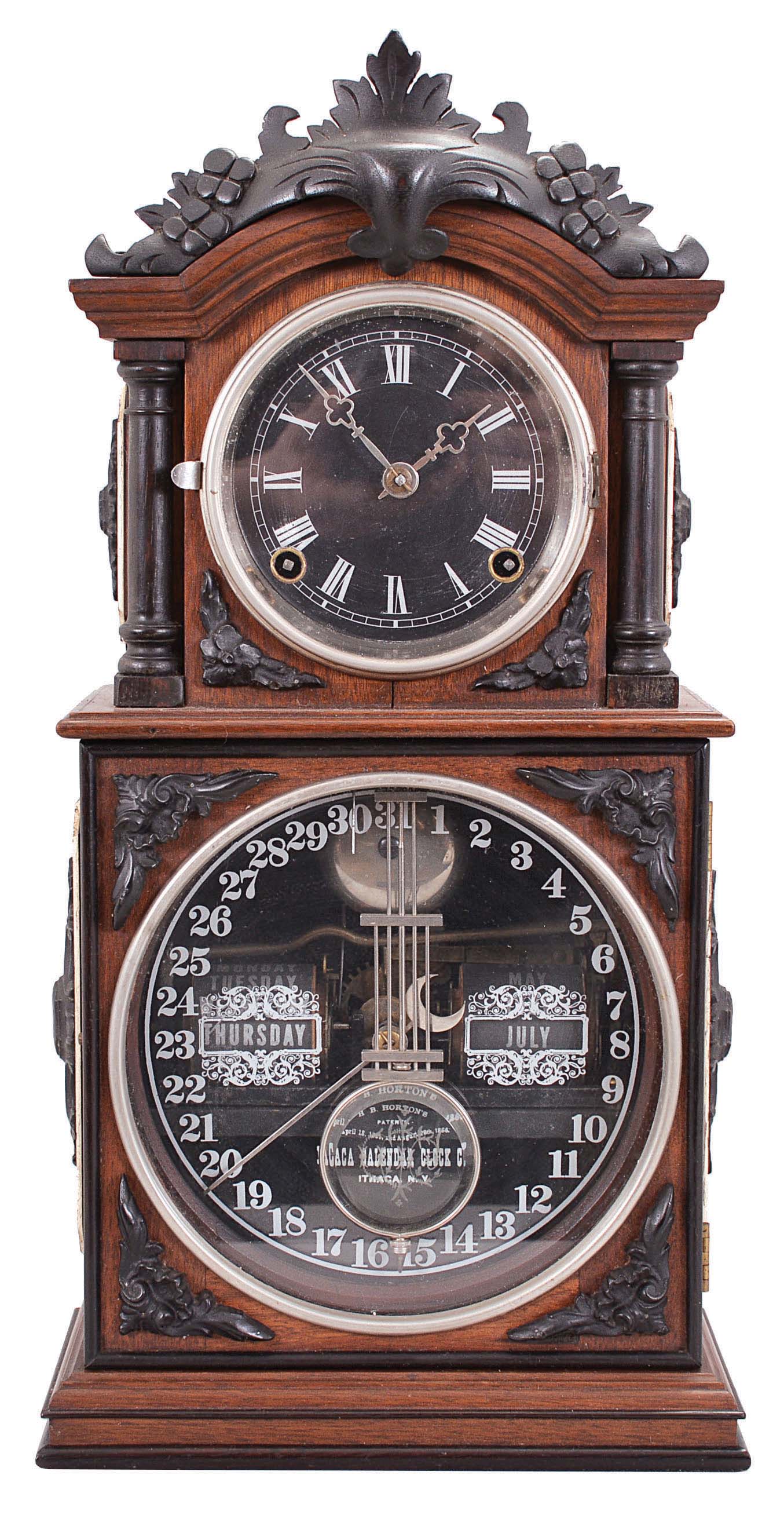 Ithaca Calendar Clock Co., Ithaca, New York, "No. 3 1/2 Parlor", 8 day, time and strike, spring driven brass movement double dial calendar clock. — Antique Clocks Price Guide