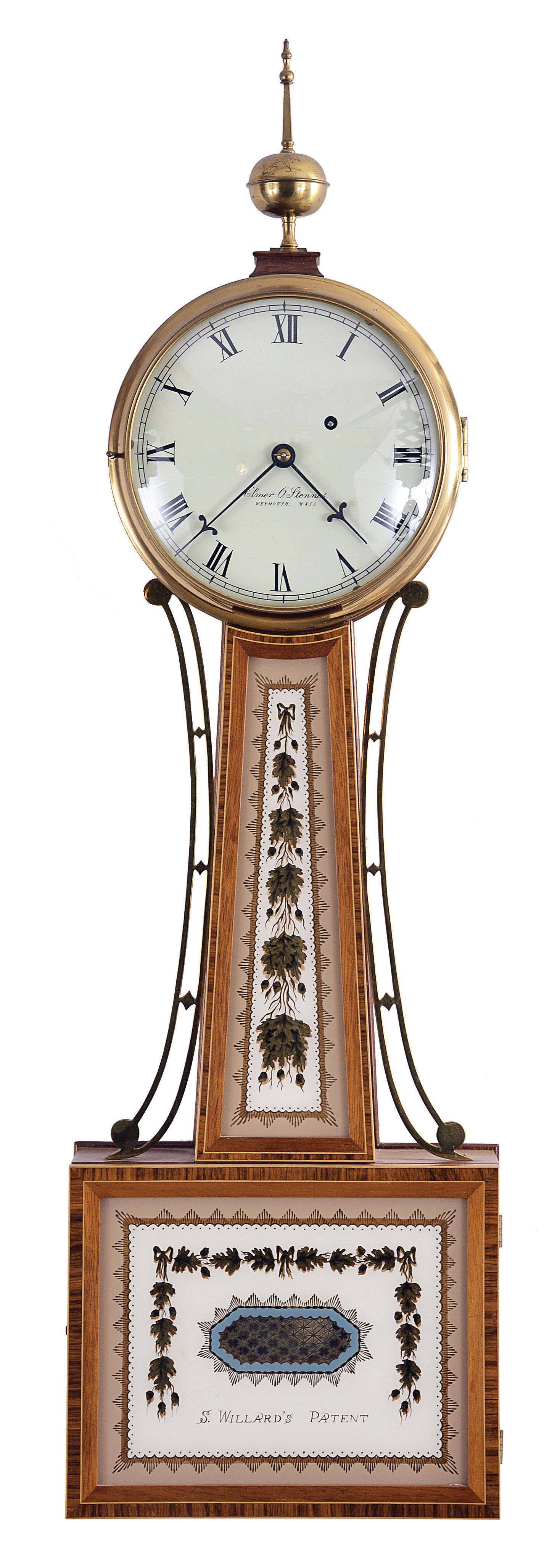 Elmer O. Stennes, Weymouth, Mass., 8 day, weight driven brass movement patent or banjo timepiece. Case is stamped no. 6, 1969. — Antique Clocks Price Guide