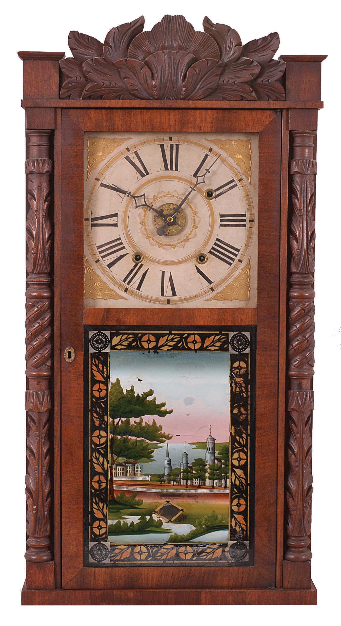 Boardman & Wells for Hiram Hunt, Bangor, Maine, 30 hour, time, strike and alarm weight wood movement carved column and crest shelf clock. — Antique Clocks Price Guide