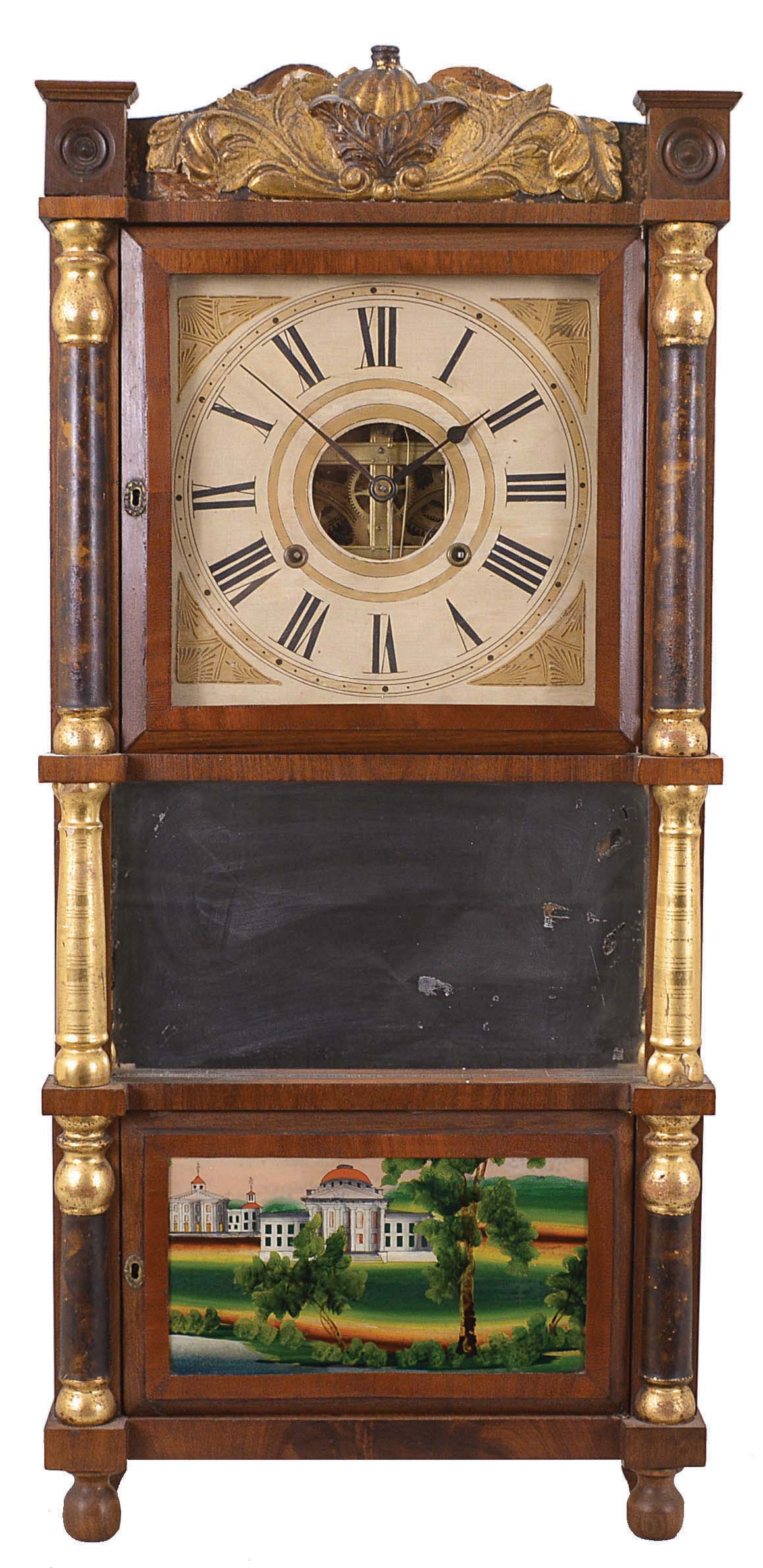 Birge, Mallory & Co., Bristol, Conn., 8 day, time and strike, weight brass movement triple decker shelf clock. — Antique Clocks Price Guide