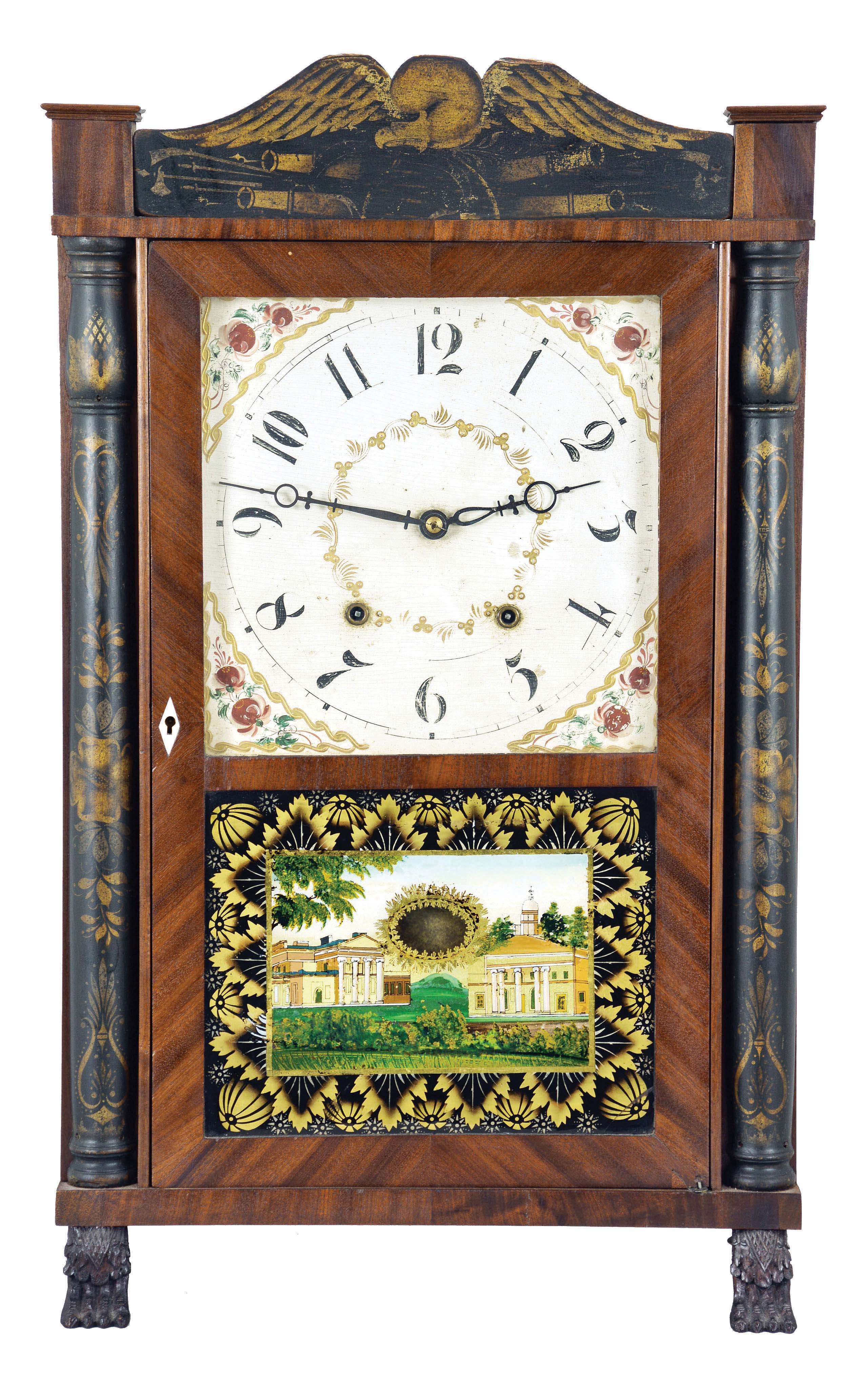 E. Terry & Sons, Plymouth, Conn., 30 hour, time and strike, weight wood movement half column & splat shelf clock. — Antique Clocks Price Guide