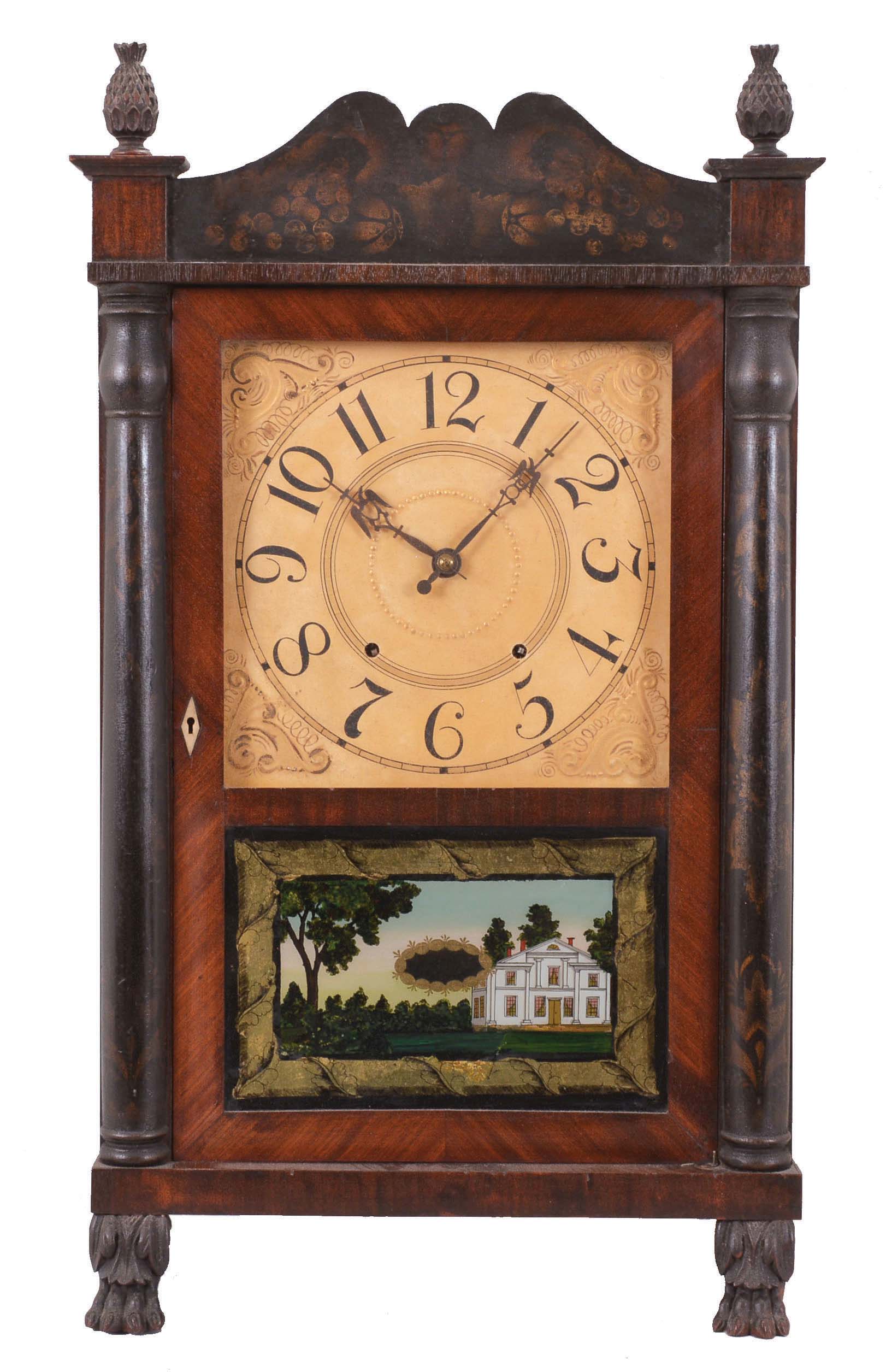 Atkins & Downs for George Mitchell, Bristol, Conn., 30 hour, time and strike, weight wood movement half column & splat shelf clock. — Antique Clocks Price Guide