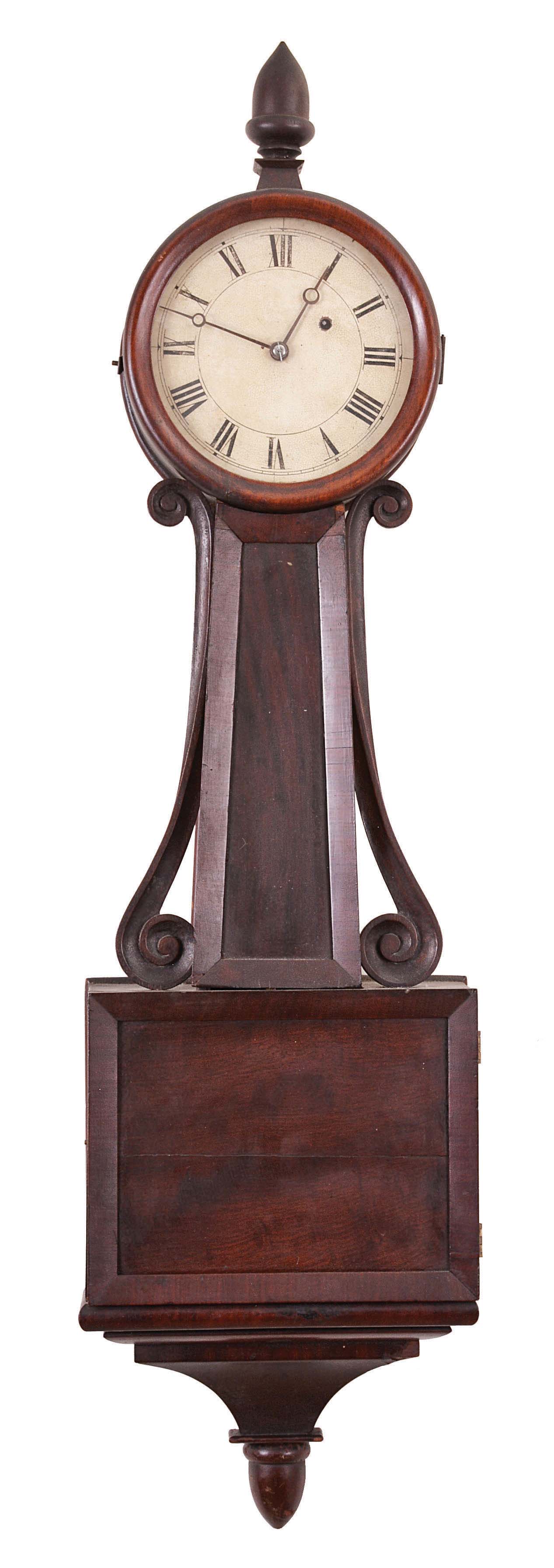 Unsigned Boston, Mass., area, 8 day, weight driven brass movement patent or banjo timepiece. — Antique Clocks Price Guide
