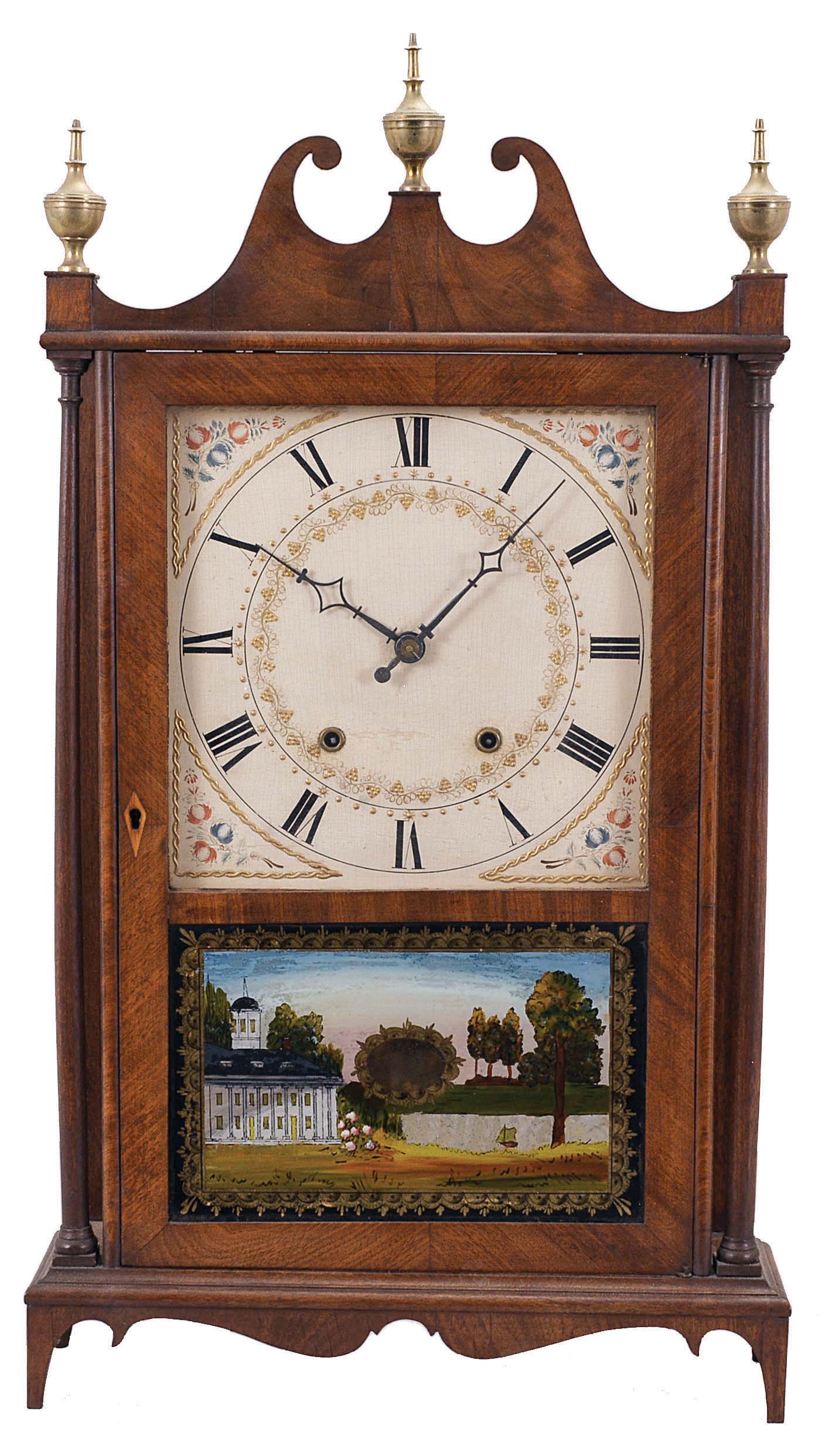 Charles Kirk for George Mitchell, Bristol, Conn., 30 hour, time and strike, weight wood movement pillar & scroll shelf clock. — Antique Clocks Price Guide