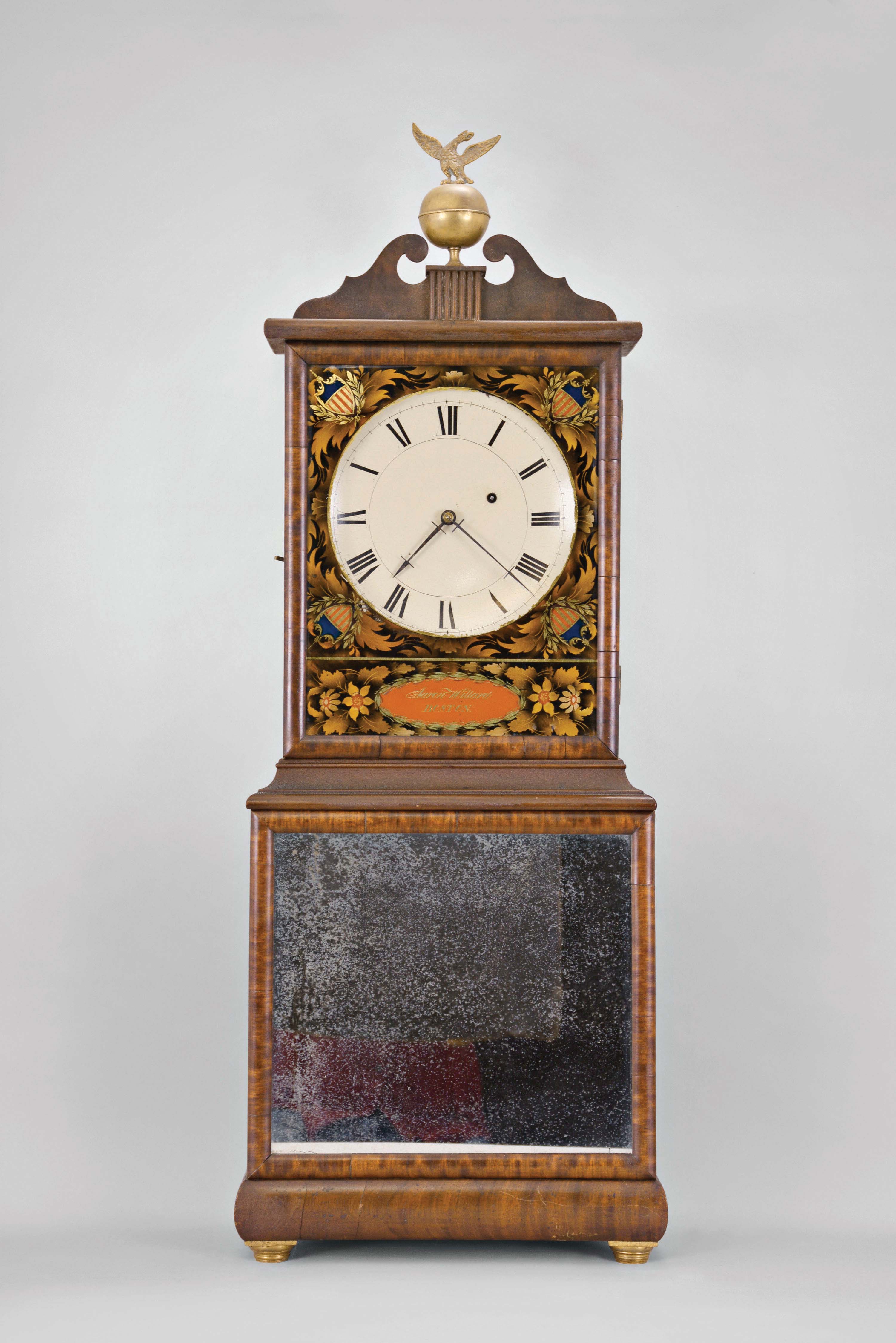 Aaron Willard, Boston, Mass., 8 day, weight driven, brass movement Massachusetts shelf clock. Case is stamped 355. — Antique Clocks Price Guide
