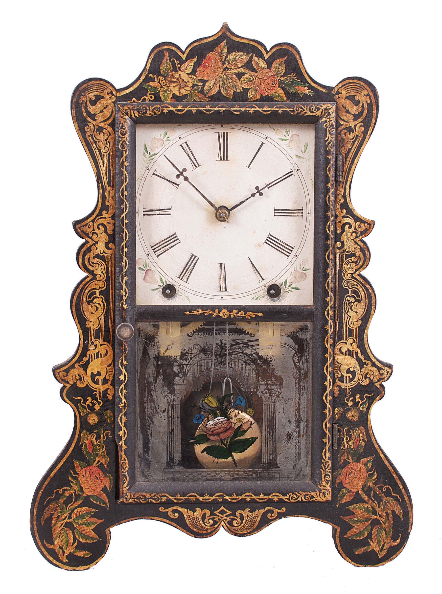 Brewster Manufacturing Co., Bristol, Conn., 8 day, time and strike, spring brass movement serpentine front shelf clock with gilt decoration. — Antique Clocks Price Guide