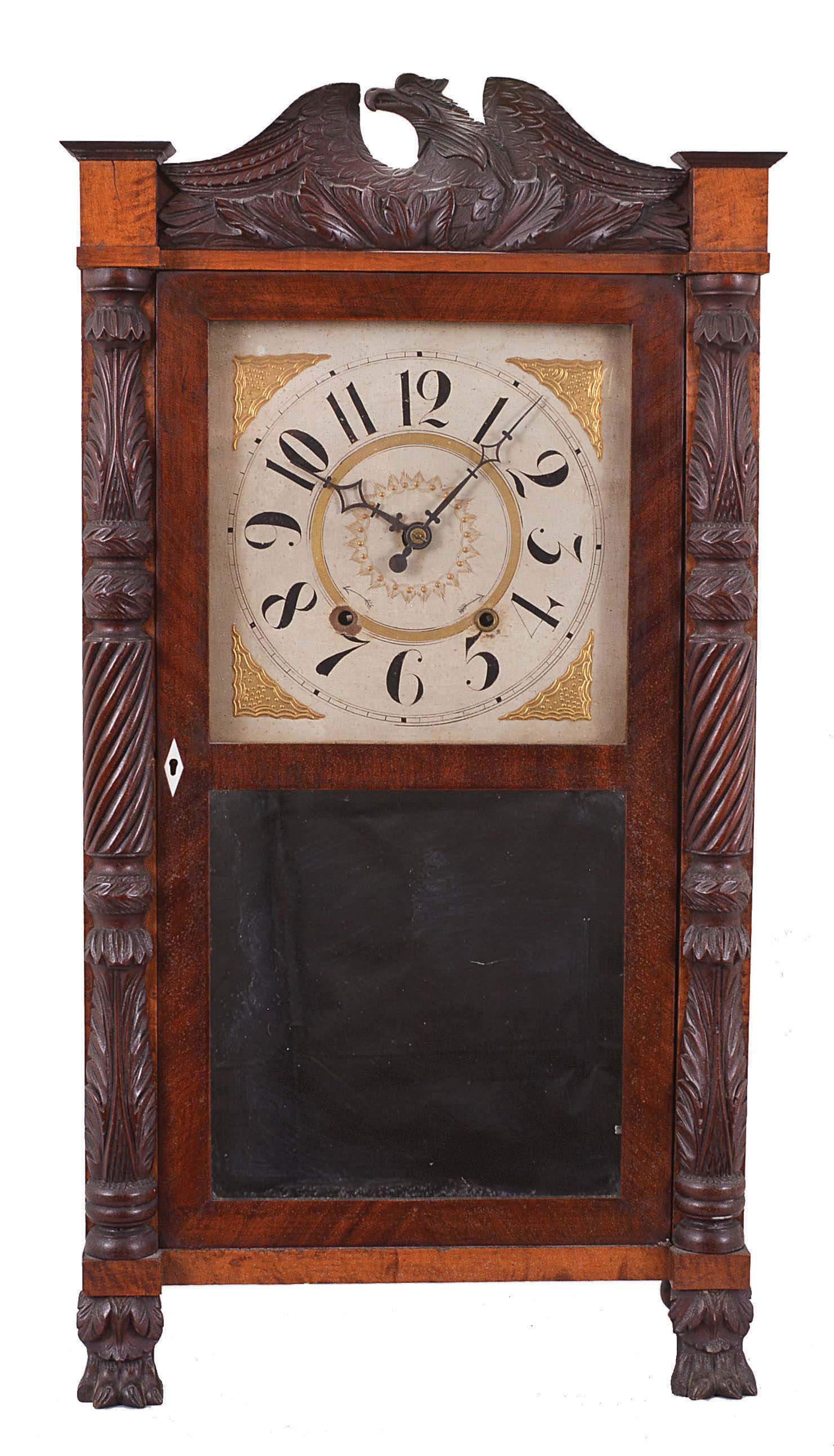 Riley Whiting, Winchester, Conn., 30 hour, time and strike, weight wood movement carved column & eagle splat shelf clock. — Antique Clocks Price Guide