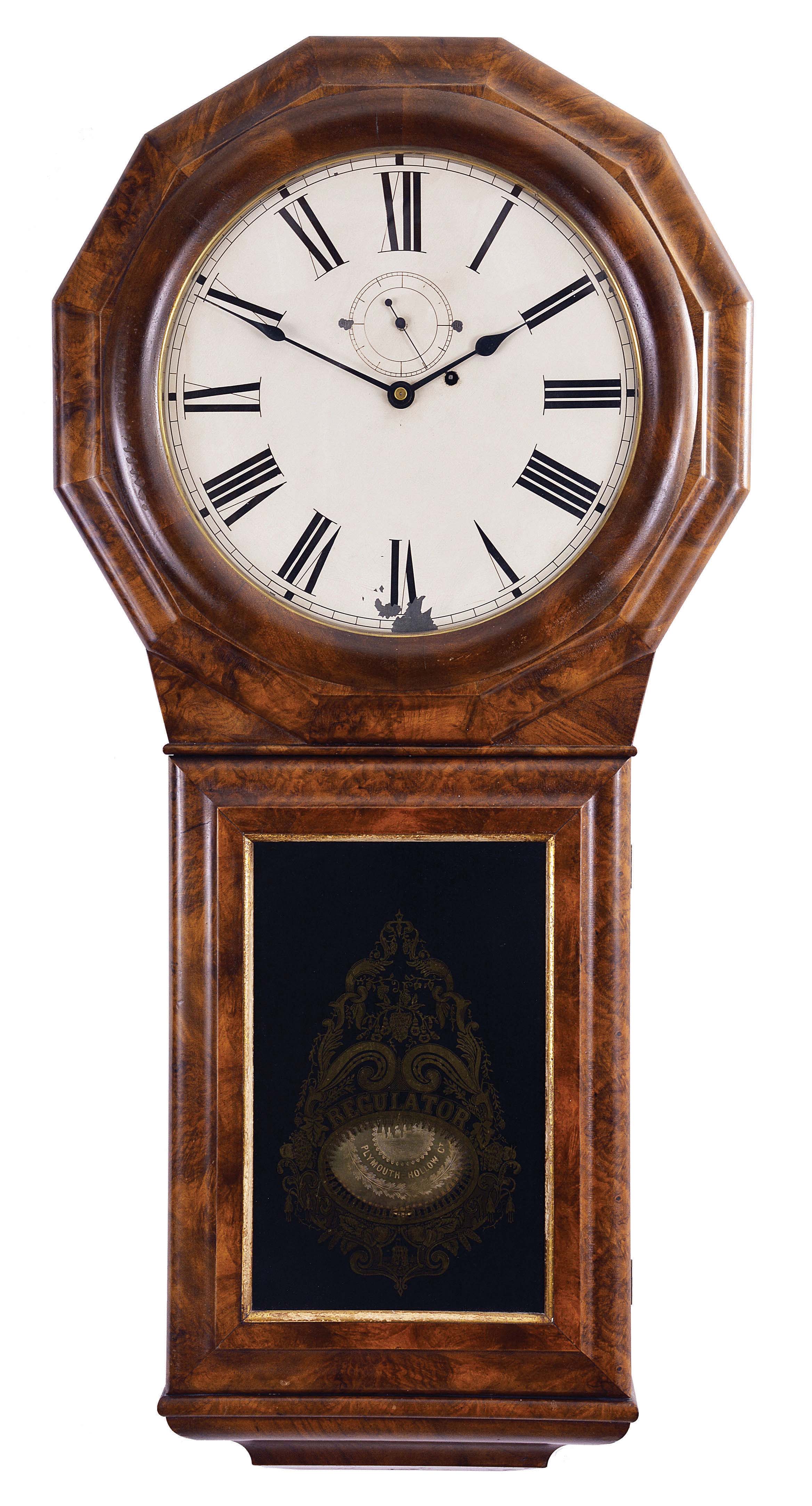 Seth Thomas Clock Co., Thomaston, Conn., "Regulator No. 1 Extra" with a weight driven, 8 day, timepiece movement in a walnut burl veneer case. — Antique Clocks Price Guide