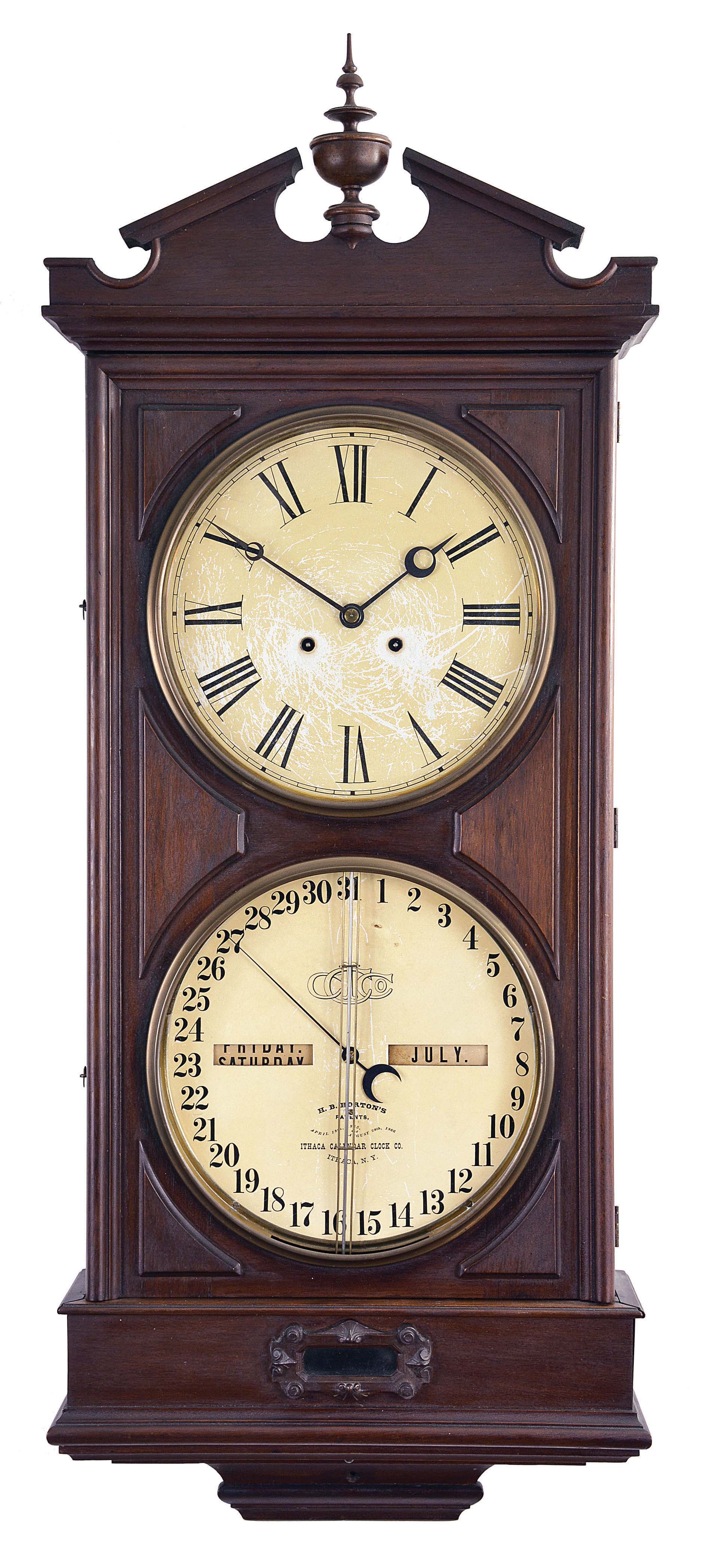 Ithaca Calendar Clock Co., Ithaca, New York, "No. 2 Regulator" or "Hanging Bank" wall clock with a double weight driven timepiece movement (Welch, Spring & Co.) and a H. B. Horton's patented perpetual calendar mechanism in a walnut case. — Antique Clocks Price Guide