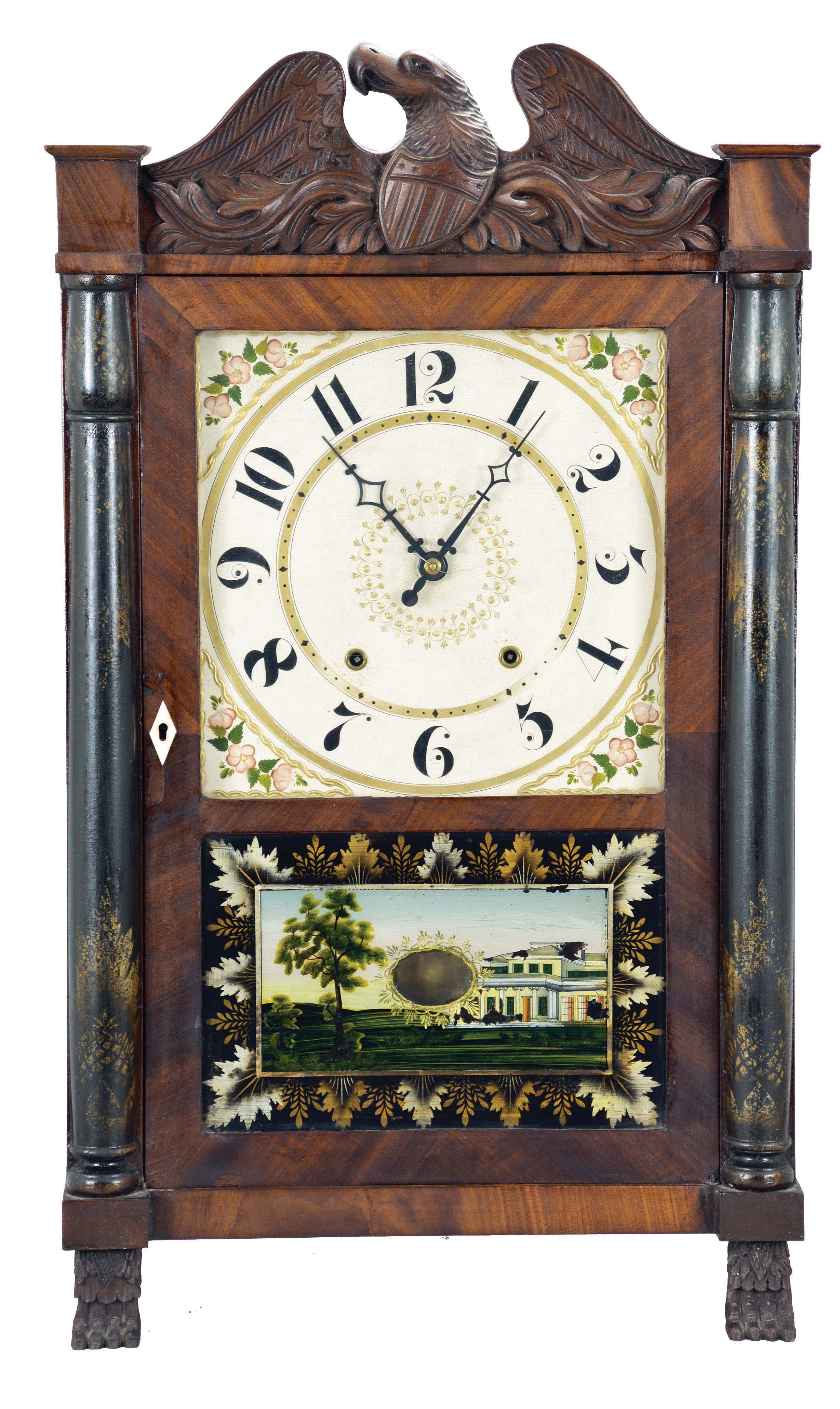 Seth Thomas Clock Co., Plymouth Hollow, Conn., 30 hour, time and strike, weight wood movement stenciled half column and carved eagle splat and claw feet shelf clock. — Antique Clocks Price Guide