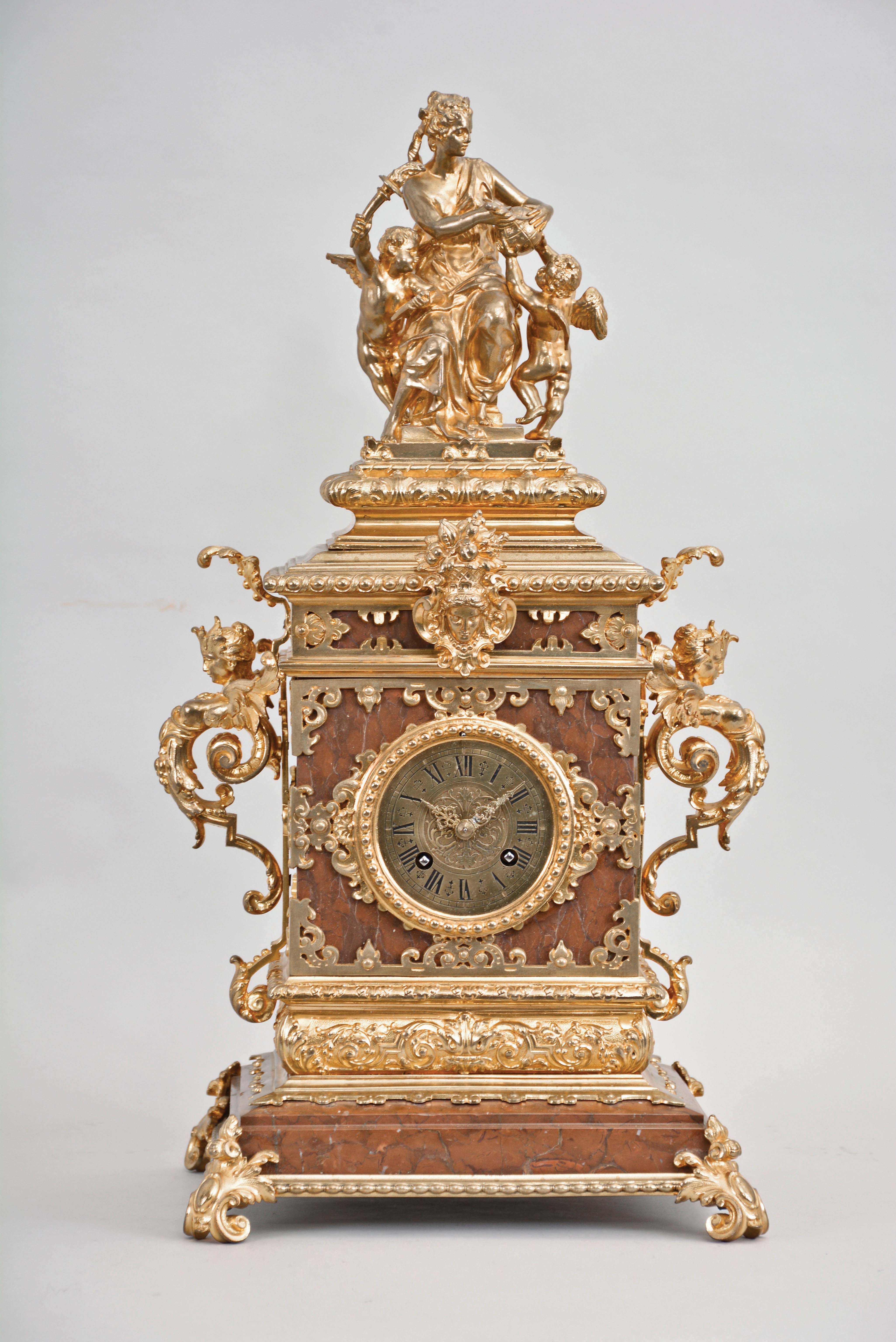 Germany, Lenzkirch, 8 day, time and strike, spring driven brass movement marble and brass figural mantel clock. Serial No. 547038. — Antique Clocks Price Guide