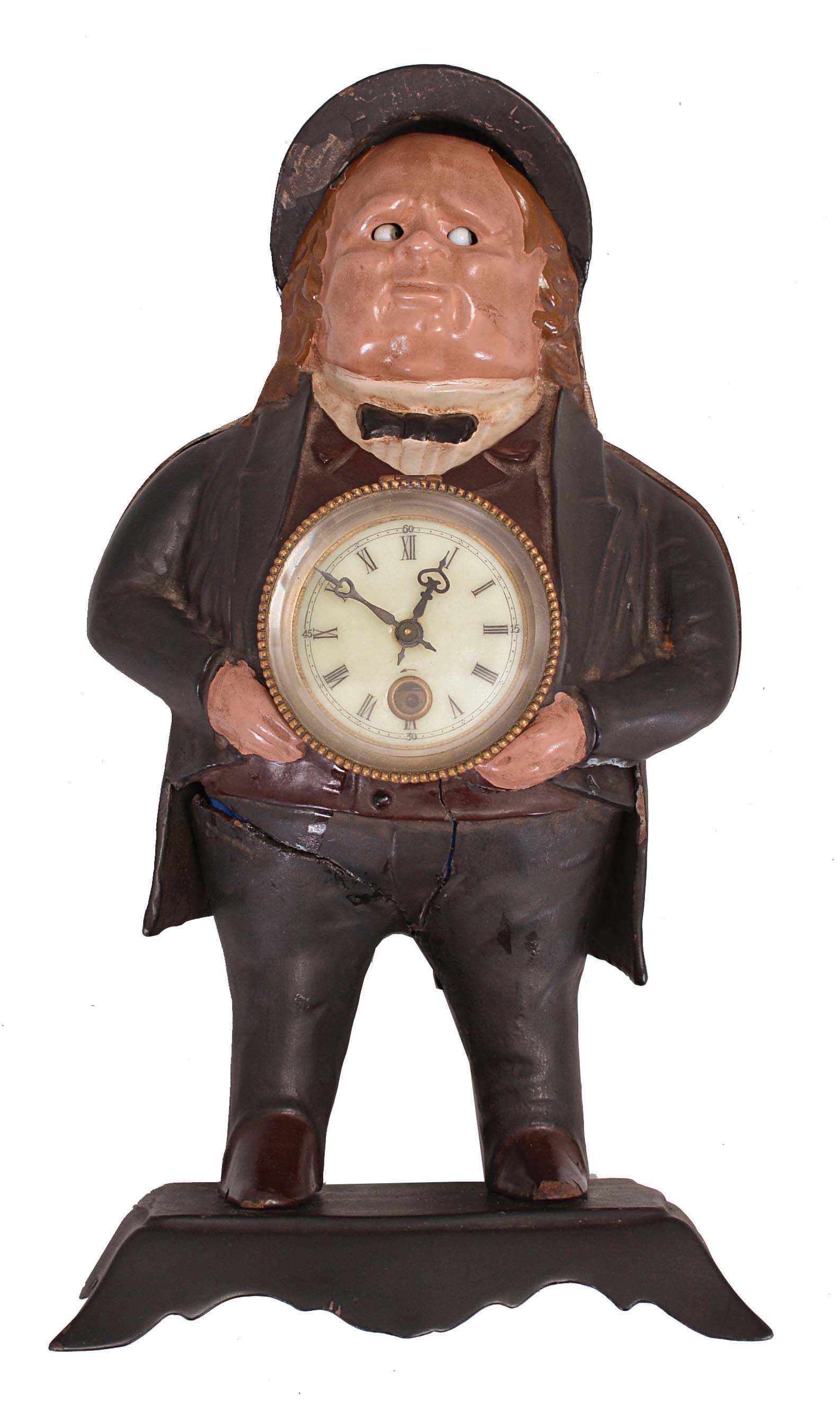 Bradley & Hubbard, Meriden, Conn., "John Bull" blinking eye shelf clock with a spring driven, 30 hour, timepiece with a balance wheel escapement in a painted cast iron case. — Antique Clocks Price Guide