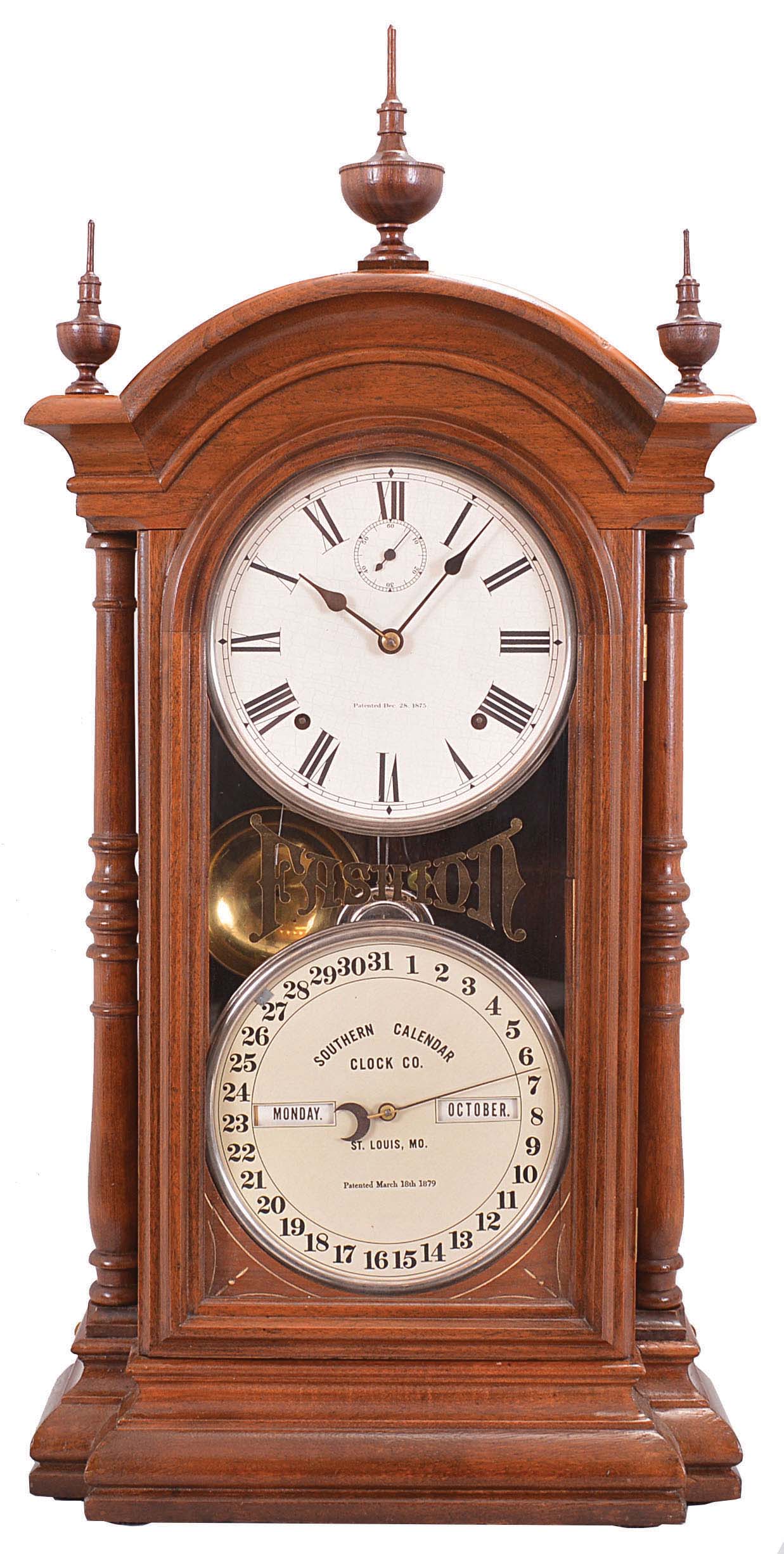 Southern Calendar Clock Co., St. Louis, Mo., "Fashion No. 3" shelf clock with a Seth Thomas spring driven, 8 day, time and strike movement and a R. T. Andrews perpetual calendar mechanism in a walnut case. — Antique Clocks Price Guide