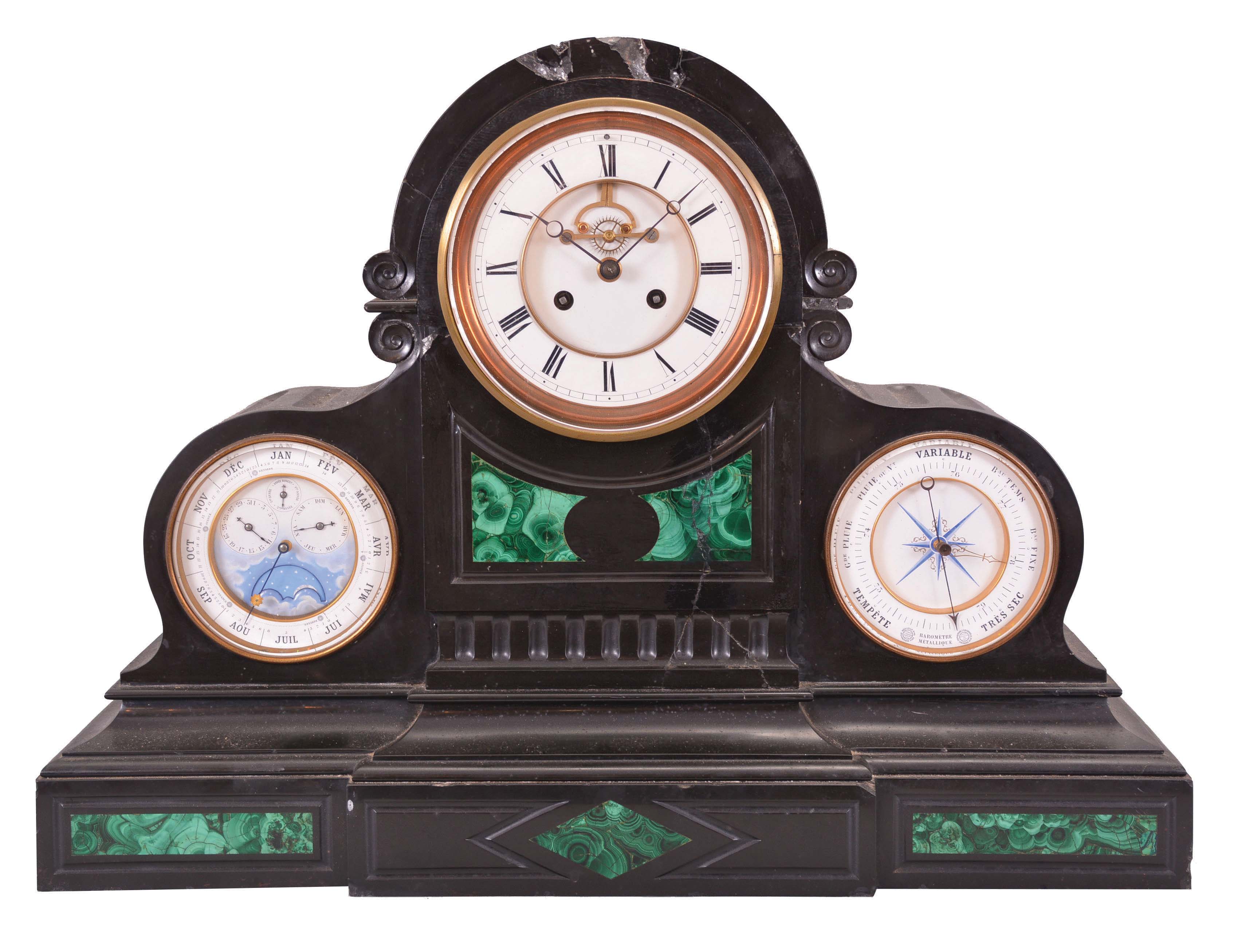 Clocks- 2 (Two) Unusual: (1) S. Marti, Paris, France, triple dial perpetual calendar mantel clock, 8 day, time and strike with barometer on second dial, third dial showing month, day of the month, day of the week, age of the moon, and leap year, oversized spring-driven movement with visible Brocot escapement in a large black slate case with green malachite accents. (2) Sessions Clock Co., Forestville, Conn., for Philco, Philadelphia, "Philco Transitone Model 53-707", electric clock, radio, and lamp, in a wood case with fabric covered door over radio controls, c1957. — Antique Clocks Price Guide