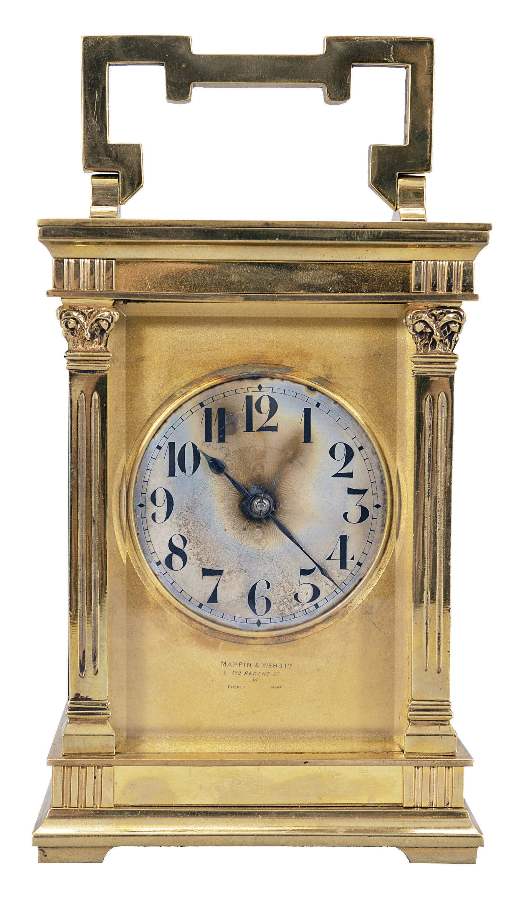 France, carriage clock, 8 day, time and strike counting the hours on a gong, spring driven movement with lever platform in an Anglaise case with fluted pilasters and and set with beveled glasses, gilt mask reading in part "Mappin & Webb Ltd. / 172 Regent St." surrounding a silvered dial with Arabic numerals, blued steel hands. — Antique Clocks Price Guide