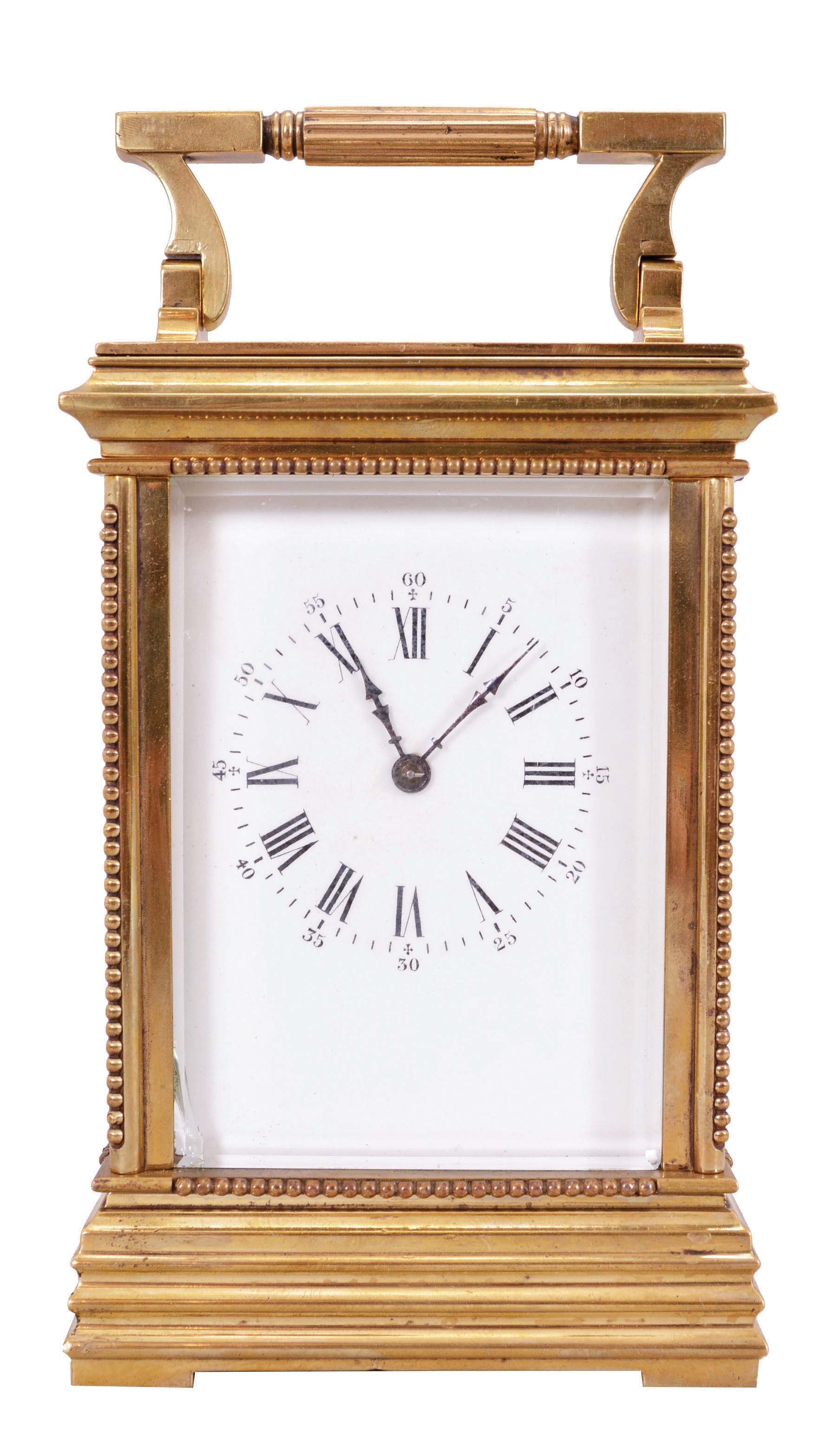France, carriage clock, 8 day, time and strike counting the hours on a gong, spring driven movement with lever platform in an Anglaise case with stepped and molded base, edge beading and glazed on five sides with beveled glass, white enamel dial with Roman numerals for the hours and Arabic numerals for the minutes, blued steel distaff style hands. — Antique Clocks Price Guide