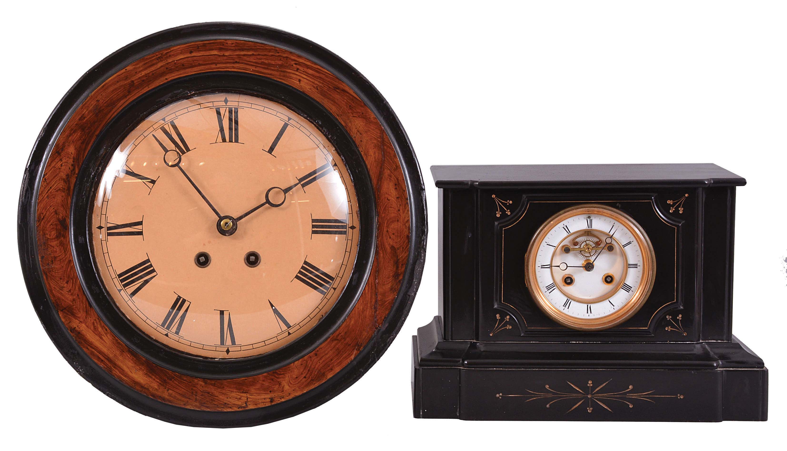 Clocks- 2 (French): (1) France, wall clock, 8 day, time and gong strike, square Morbier style spring driven movement in an octagonal ebonized wood case with round grain-painted bezel holding a convex glass over a papered metal dial with Roman numerals and Breguet style hands, c1890. (2) Marti & Cie, Paris, mantel clock, 8 day, time and bell strike, spring driven movement with exposed Brocot escapement in an incised black slate case with a stepped and molded base, sunk dial surrounded by a white enamel chapter ring with Roman numerals, blued steel Breguet style hands, c1880. — Antique Clocks Price Guide