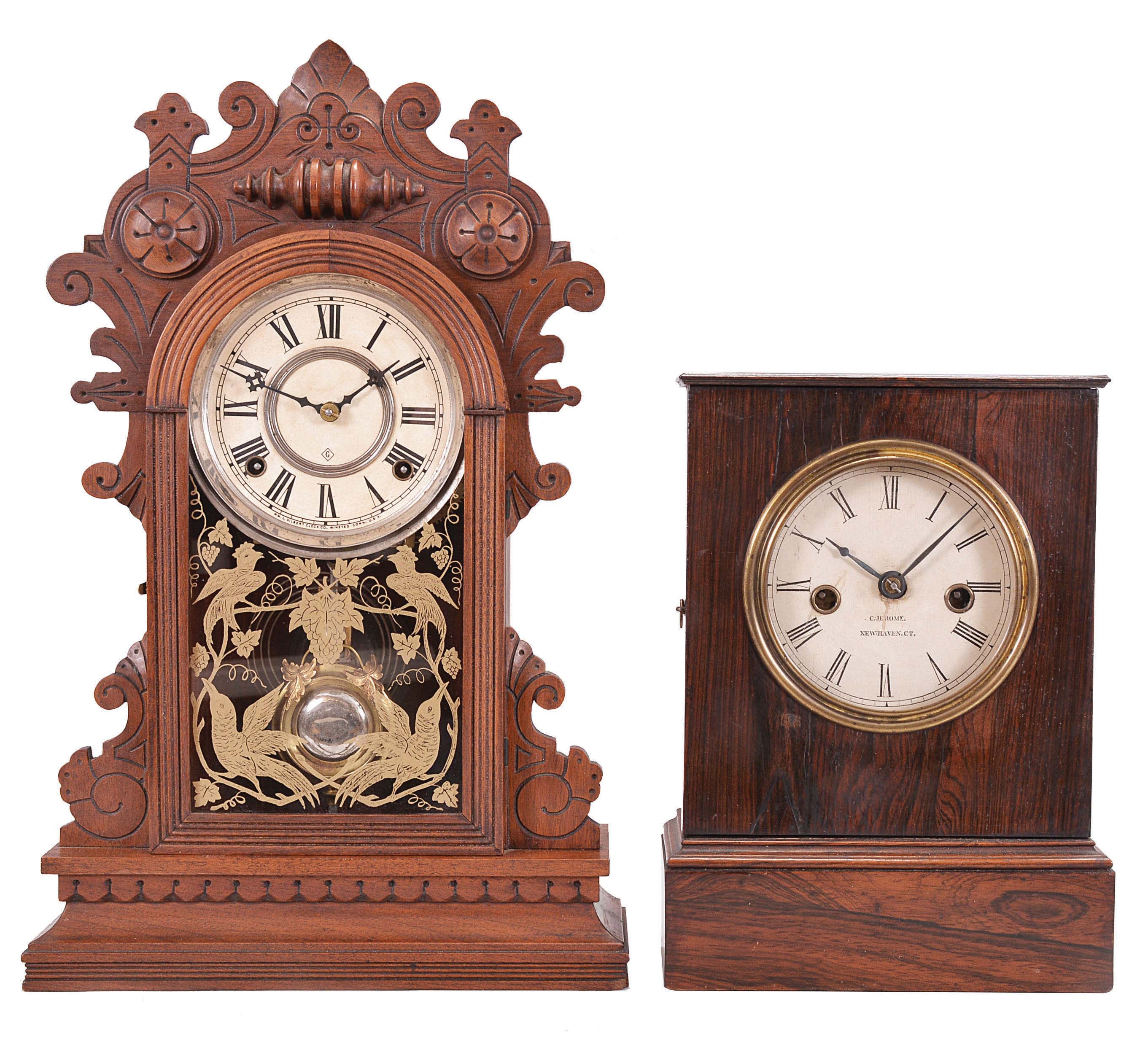 Clocks- 2 (Two) (1) Chauncey Jerome, New Haven, Conn., 8 day, time and strike "Union" model fusee-spring shelf clock, c1850. (2) Wm. L. Gilbert Clock Co., Winsted, Conn., "Medea" shelf clock with a spring driven, 8 day, time and strike movement in a walnut case, c1891. — Antique Clocks Price Guide