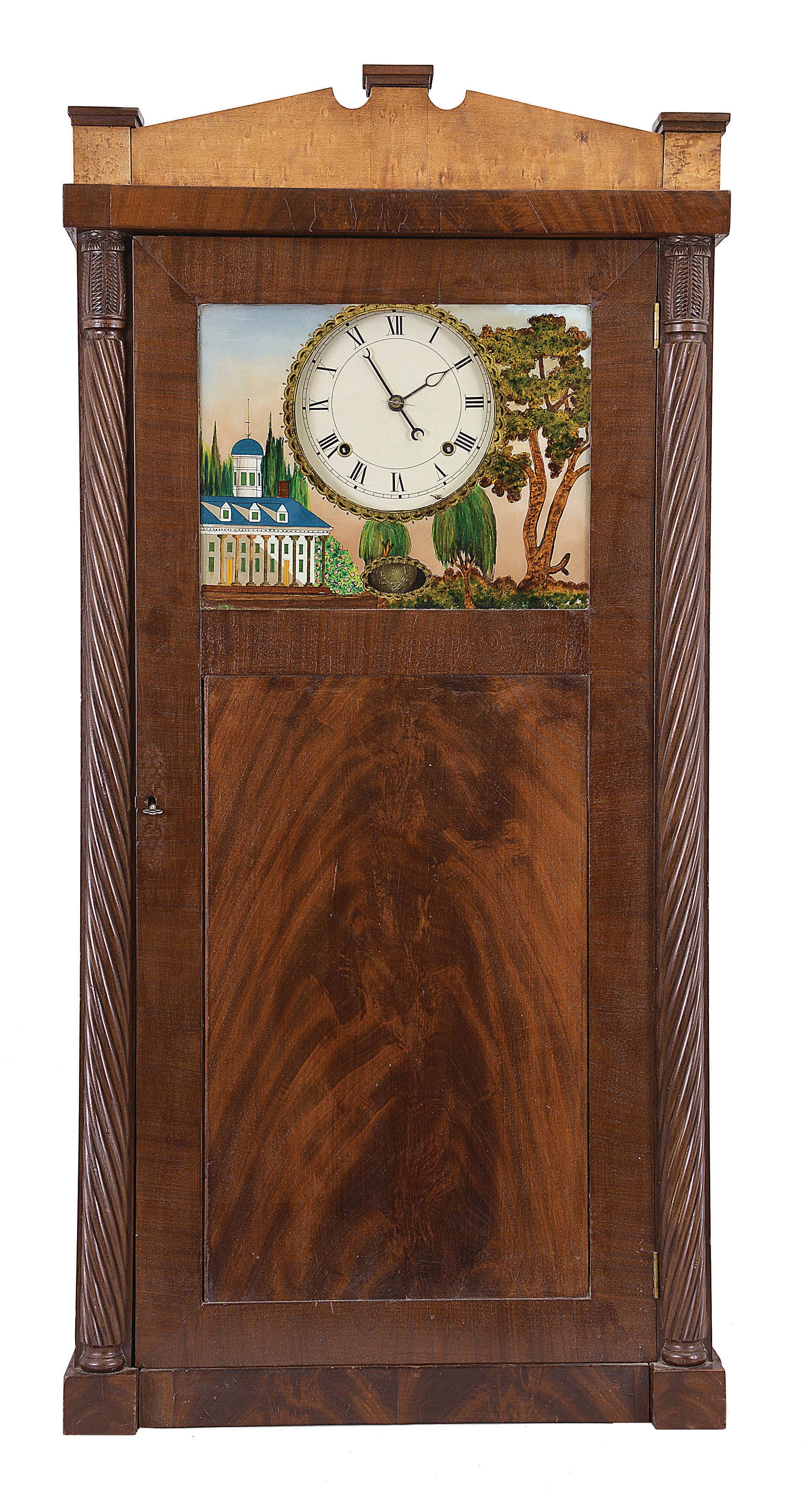 Joseph Ives, Brooklyn, New York, 8 day, time and strike, weight driven brass and iron plate movement wall clock. This is an unusual example as these clocks were made and sold as a looking glass clock, but this one has a crotch mahogany panel instead. — Antique Clocks Price Guide