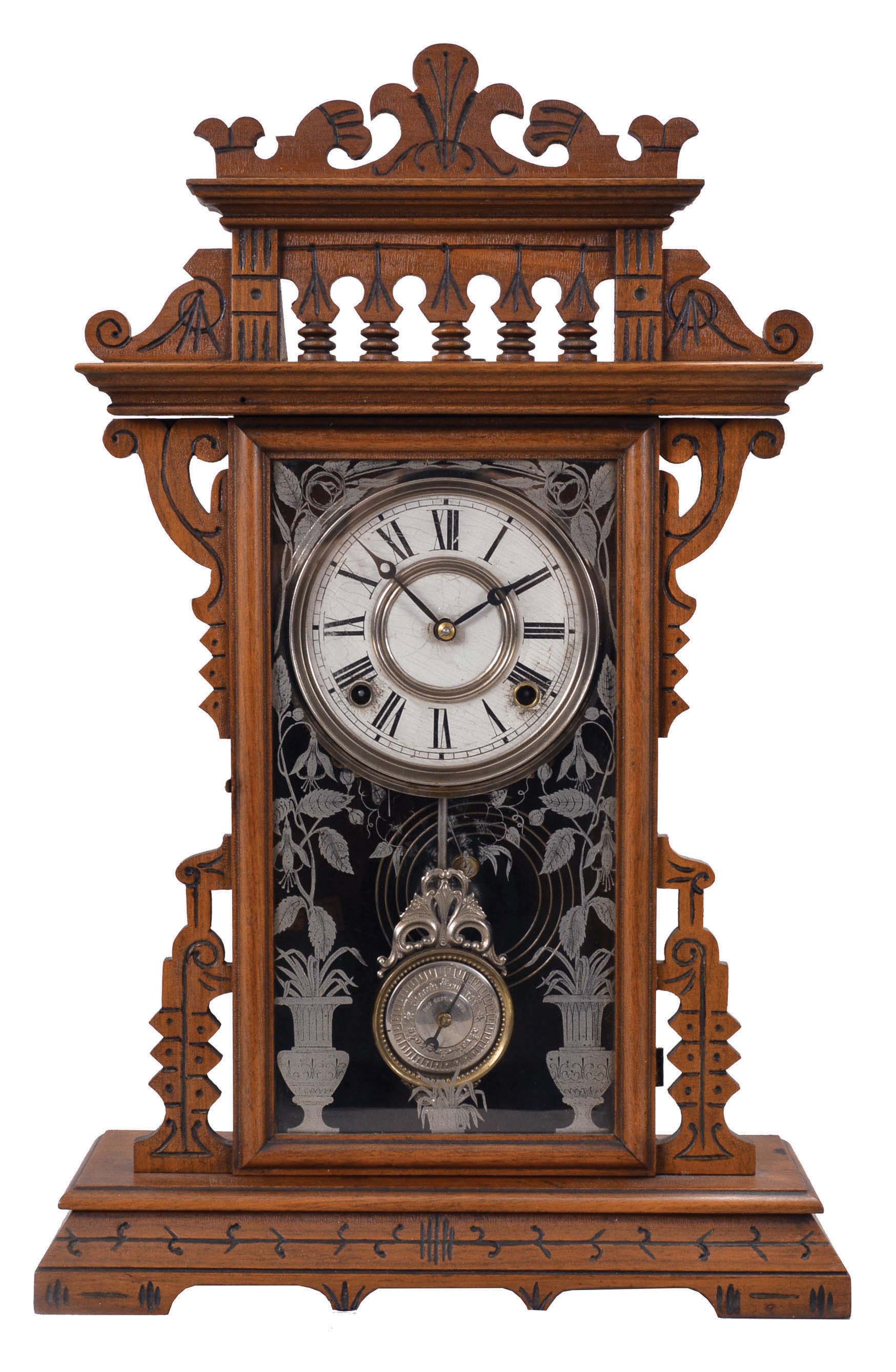 E. N. Welch Mfg. Co., Forestville, Conn., "Falka", 8 day, time and strike, spring brass movement shelf clock. — Antique Clocks Price Guide