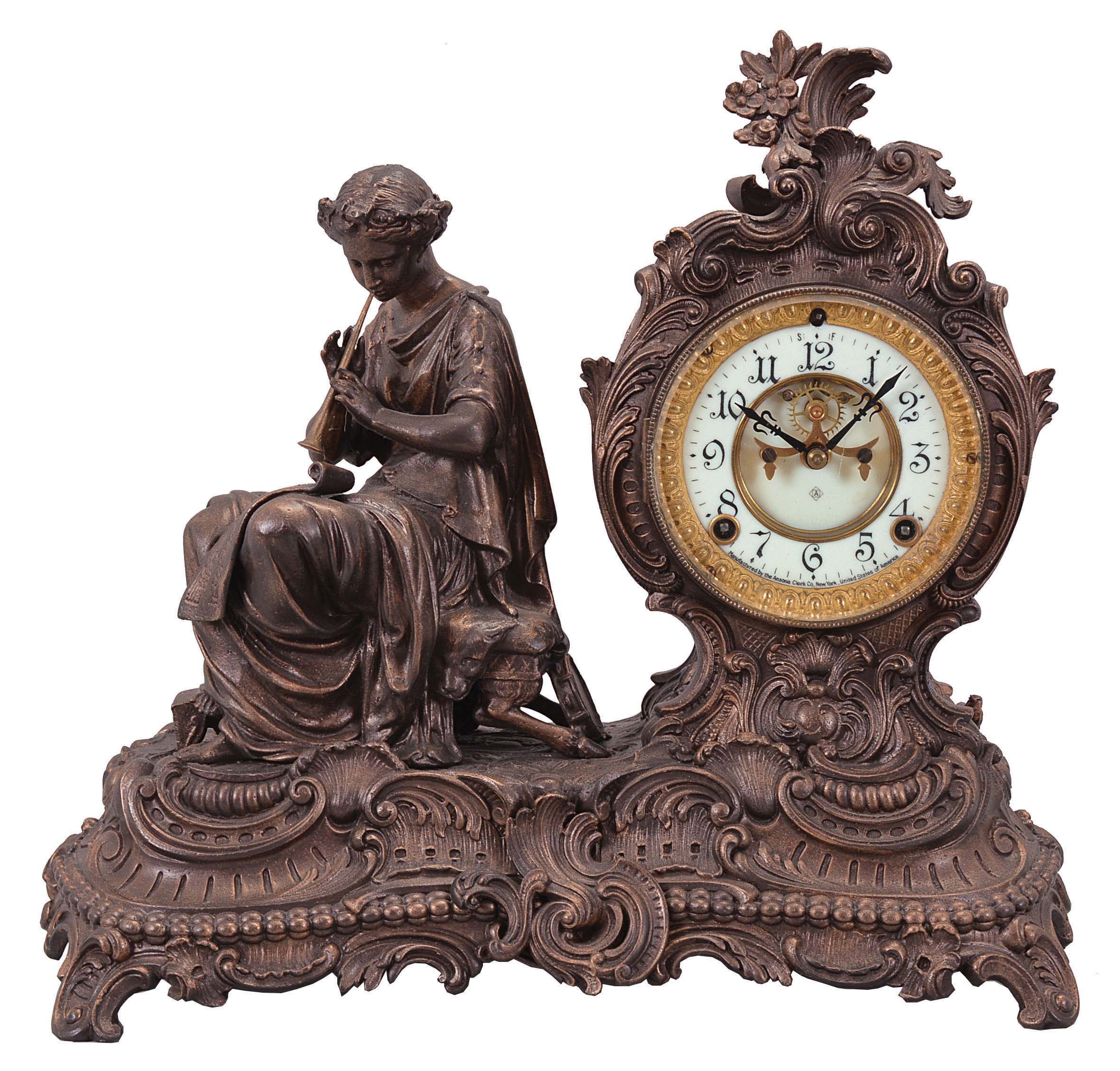 Ansonia Clock Co., New York, "Siren", 8 day, time and strike, spring brass movement figural mantel clock. — Antique Clocks Price Guide