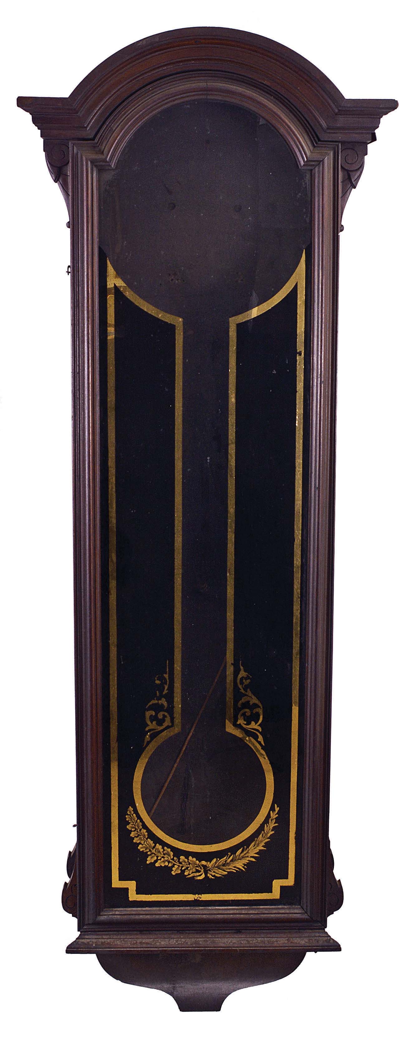 Kroeber Clock Co. "Regulator No. 22" case only with reverse painted black and gold leaf glass — Antique Clocks Price Guide