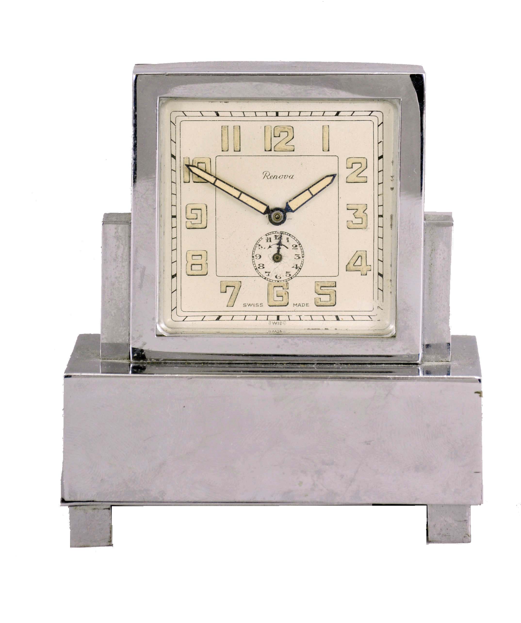 Renova, Switzerland, a nickel plated, musical alarm clock in a rectilinear case with Arabic numeral metal dial, blued steel luminous baton hands, 30 hour, timepiece movement with music box concealed in the base — Antique Clocks Price Guide