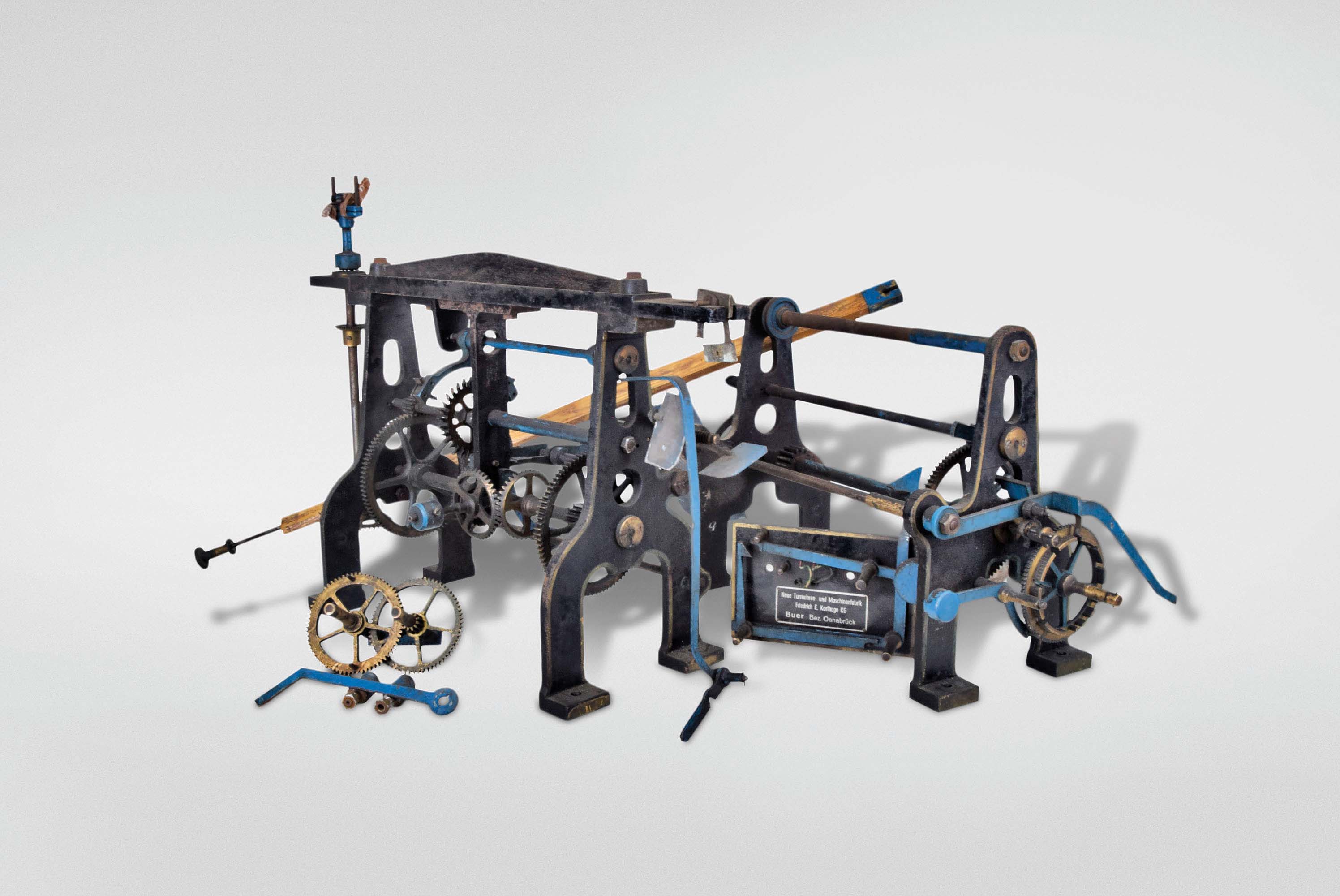 Friedrich E. Korfhage, KG, Neue Turmuhren und Maschinenfabrik, Buer Bez. Osnabruck, Germany, tower clock, time and strike on two separate cast iron frames, electrically wound movement also in its own cast iron frame — Antique Clocks Price Guide