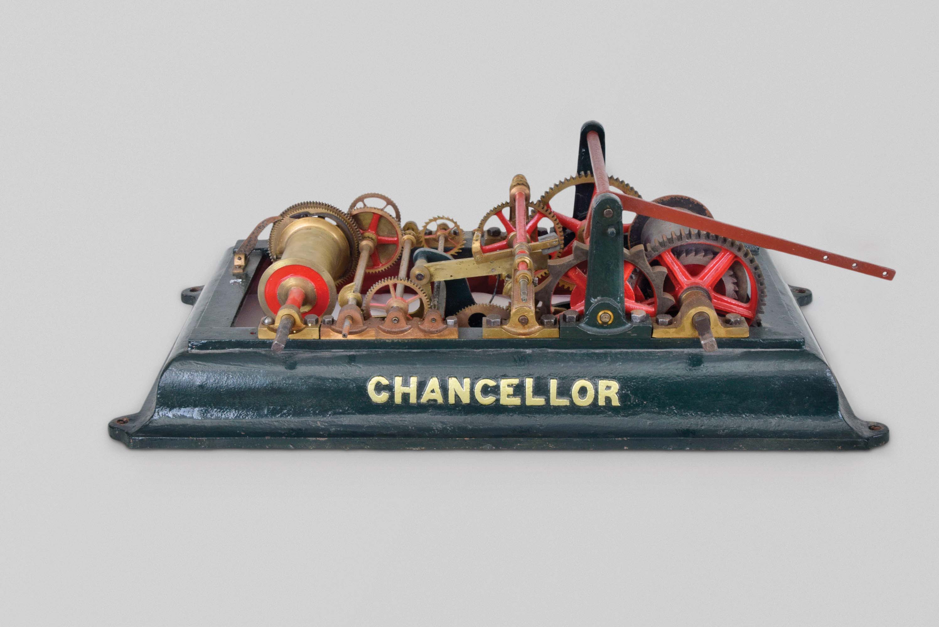 England, tower clock, time and strike, weight driven movement signed "CHANCELLOR" on green painted cast iron frame — Antique Clocks Price Guide