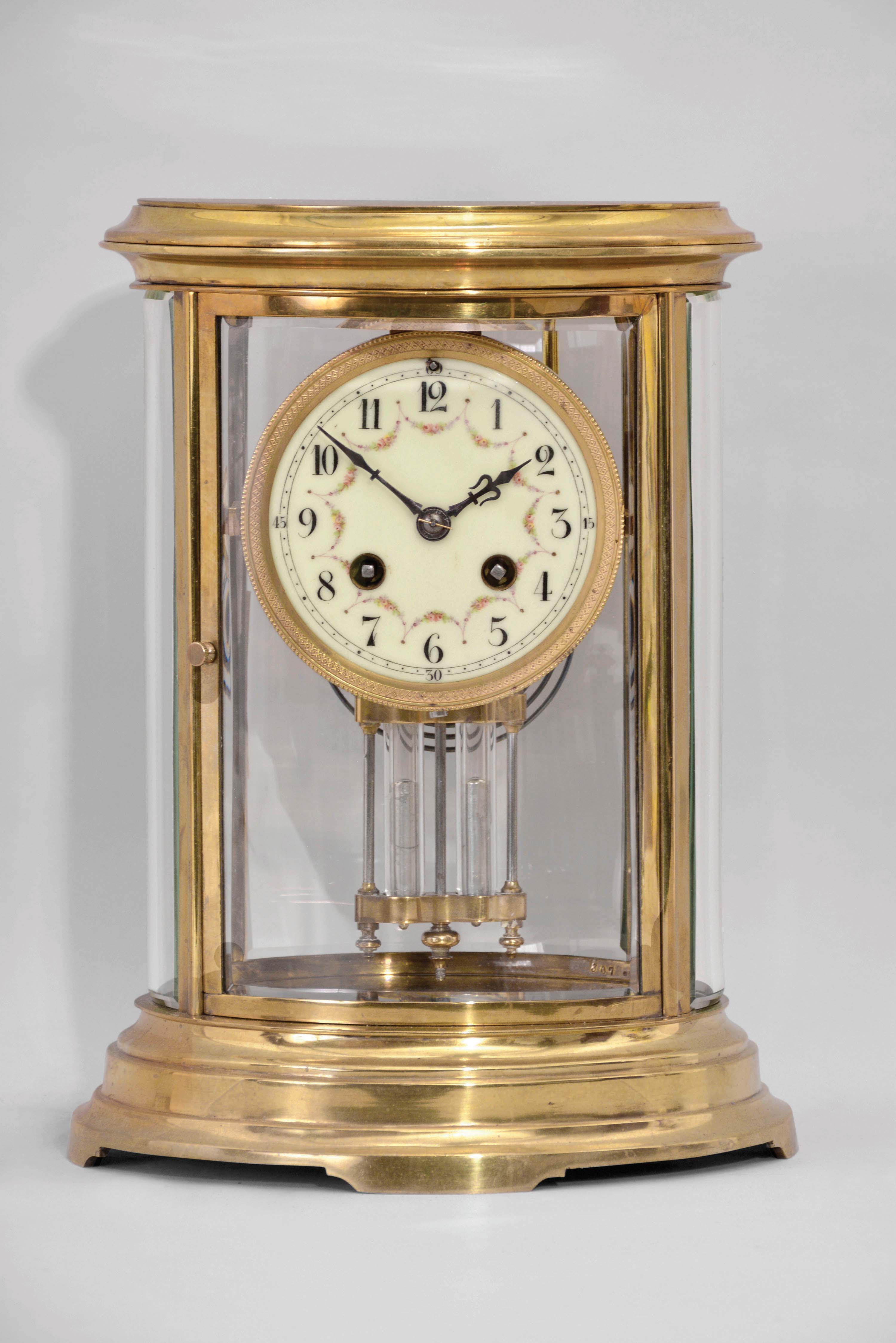 French, Marti & Cie, 8 day, time and strike, spring brass movement oval case crystal regulator mantel clock. — Antique Clocks Price Guide