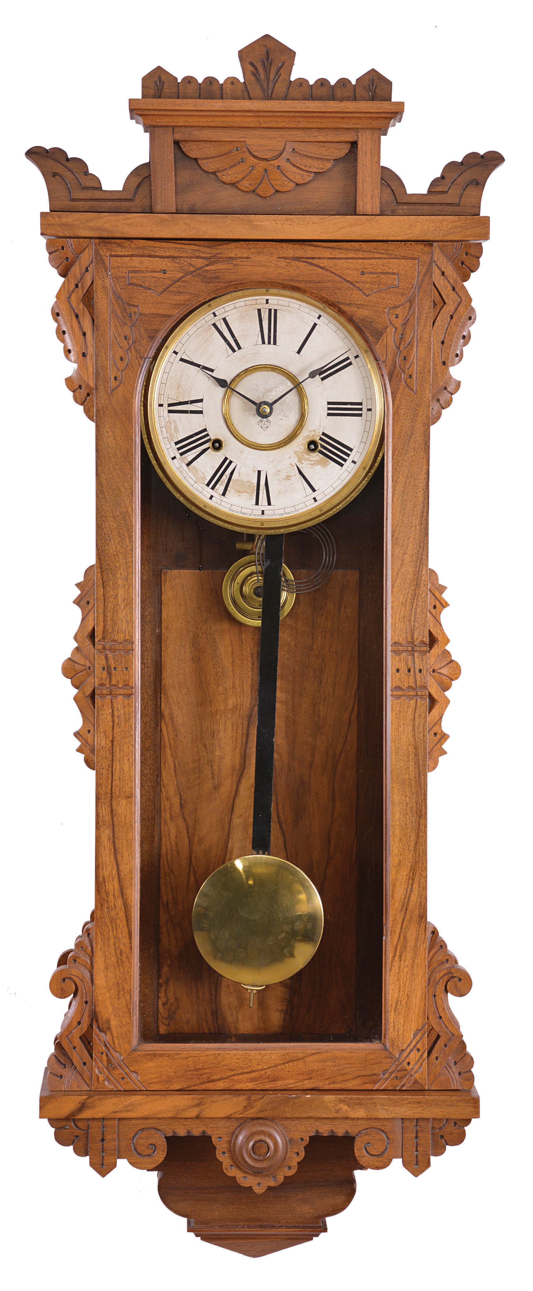 Ansonia Clock Co., New York, "Forrest", 8 day, time and strike, spring brass movement wall clock. — Antique Clocks Price Guide