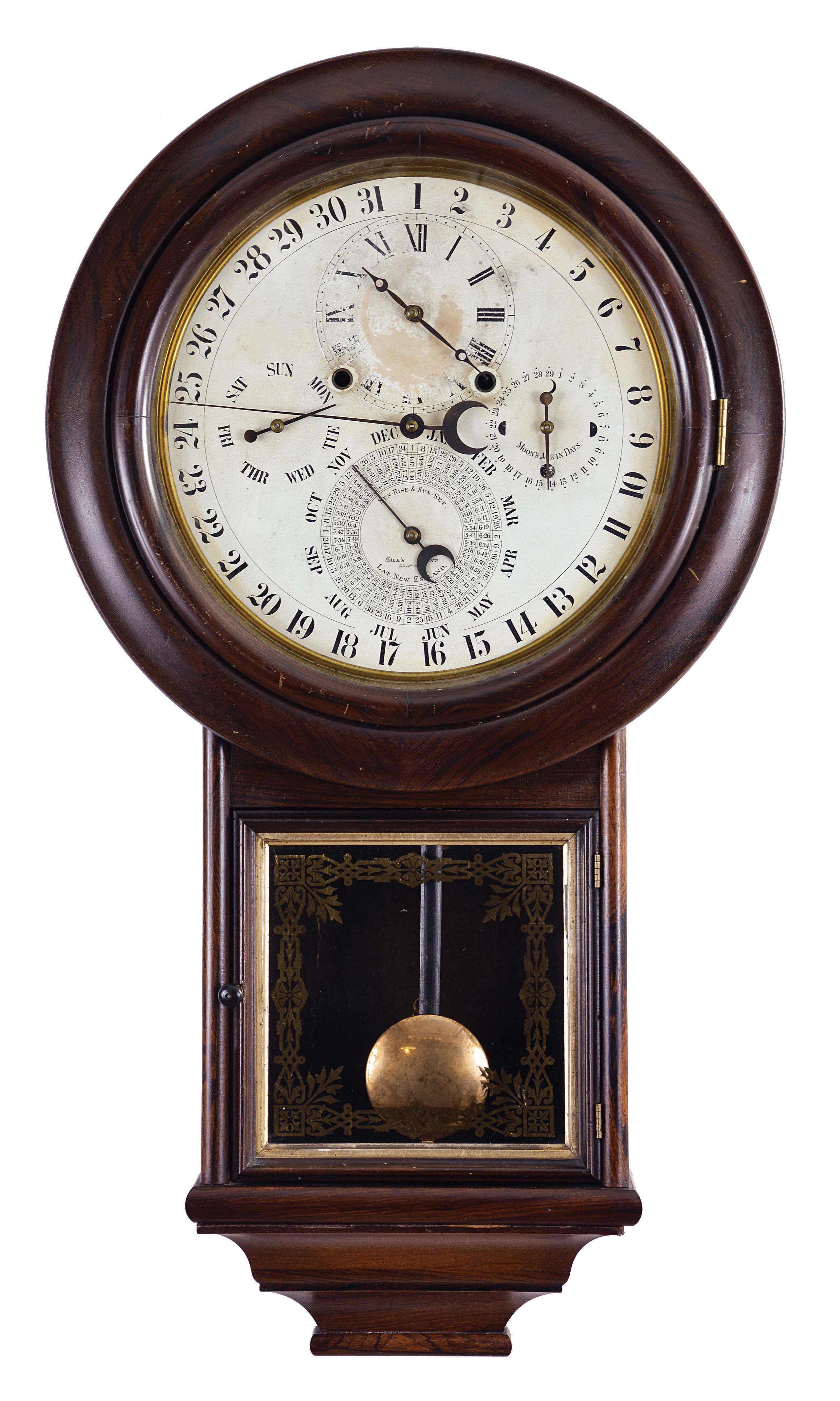 Welch, Spring & Co., Forestville, Conn., "Gale Drop Calendar Model No. 3", 8 day, time and strike, spring driven brass movement with Daniel J. Gale patent calendar. — Antique Clocks Price Guide