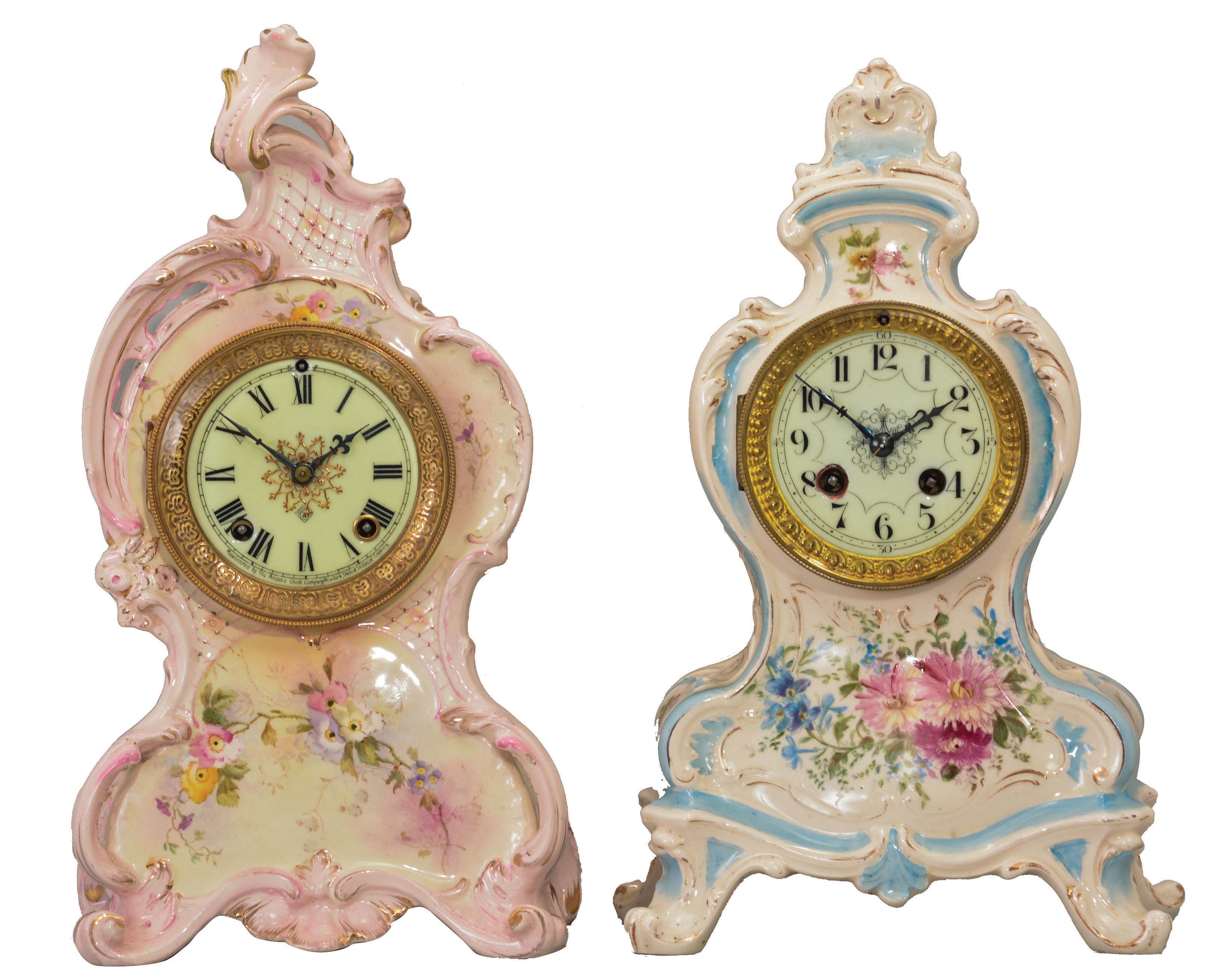 Clocks- 2 (Two): (1) French porcelain shelf clock with a L. P. Japy et Cie spring driven, 8 day, time and strike movement in a Royal Bonn porcelain case, c1890. (2) Ansonia Clock Co., New York, unidentified model shelf clock in a porcelain case with a spring driven, 8 day, time and strike movement, c1900. — Antique Clocks Price Guide