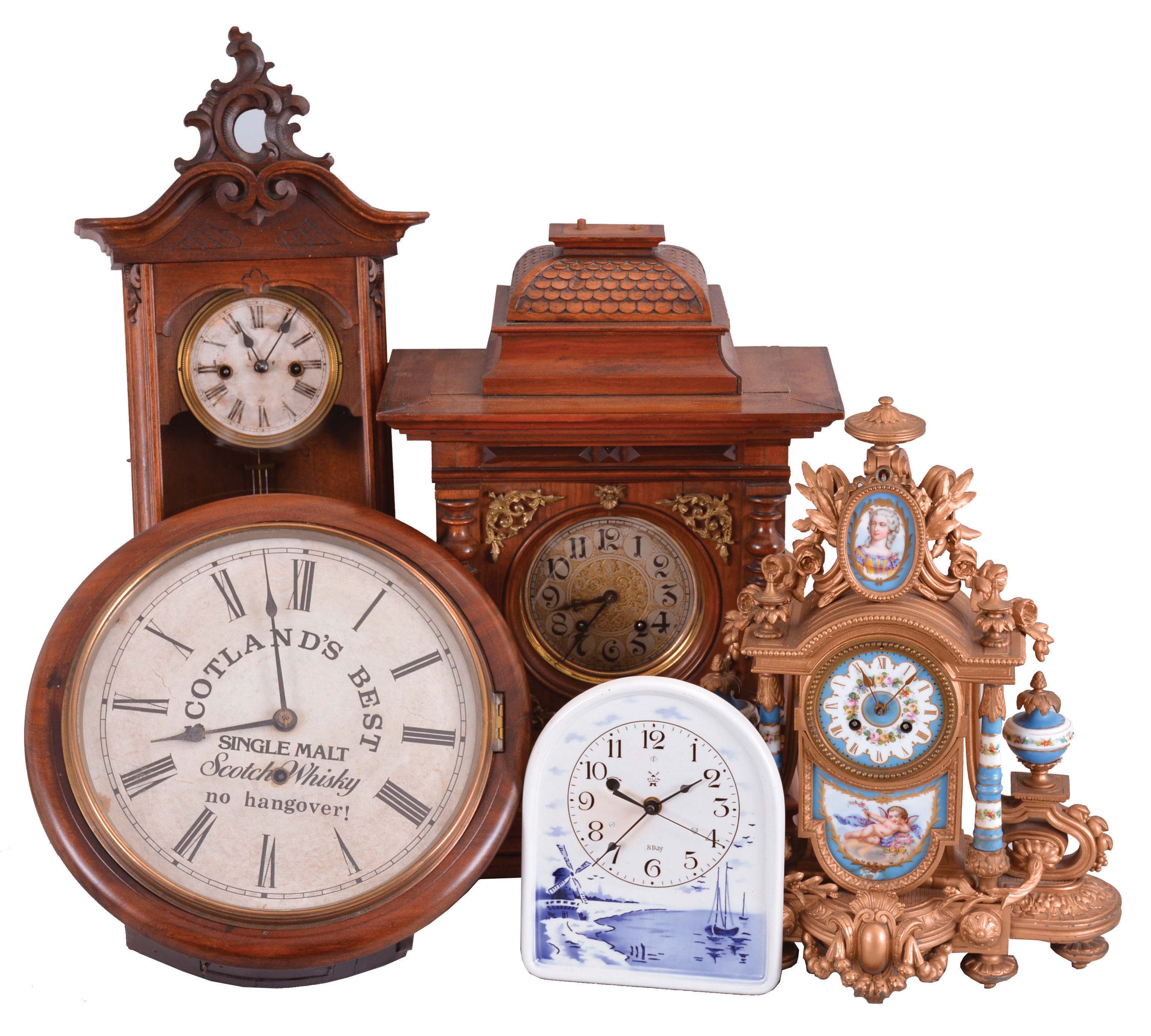 Clocks- 5 (Five): (1) French, 8 day, time and strike, spring brass movement mantel clock, c1900 (2) English, 8 day, spring brass movement gallery timepiece with dial advertising "SCOTLAND'S BEST / Single Malt / Scotch Whiskey / No Hangover!", c1900. (3) German, Adolph Stern, Schramburg, 30 hour, time and strike, spring brass movement small wall clock, c1920 (4) German 8-day timepiece in Delft-style ceramic front wall case c1930 (5) German, Etzold & Popitz, Leipzig Germany, 8 day, time and strike, spring brass movement shelf clock, c1900 — Antique Clocks Price Guide