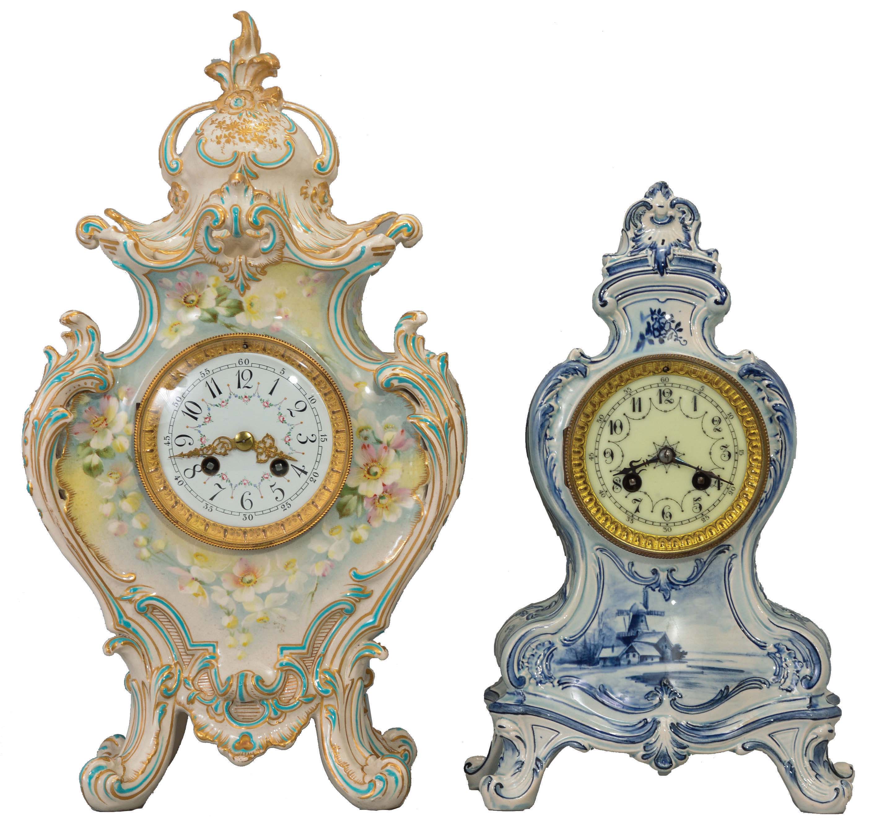 Clocks- 2 (Two): (1) French, Japy Freres, 8 day, time and strike, spring brass movement porcelain case mantel clock, c1900 (2) French, Japy Freres, 8 day, time and strike, spring brass movement porcelain case mantel clock, c1900 — Antique Clocks Price Guide