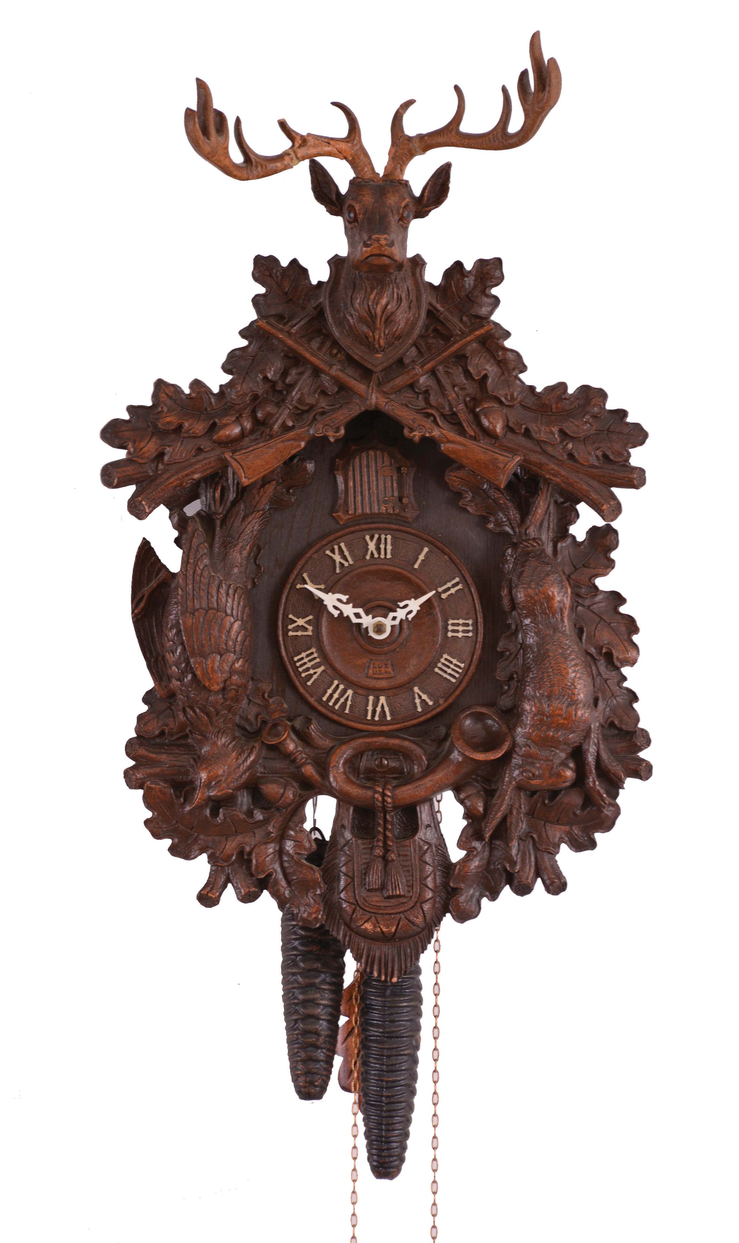 Clocks- 5 (Five) German & American wall: Three German two-weight cuckoo clocks, two by George Kuehl & Co. and two signed. One small German novelty clock with enameled dial. One cuckoo clock by the Lux Clock Mfg. Co., Waterbury, CT. — Antique Clocks Price Guide
