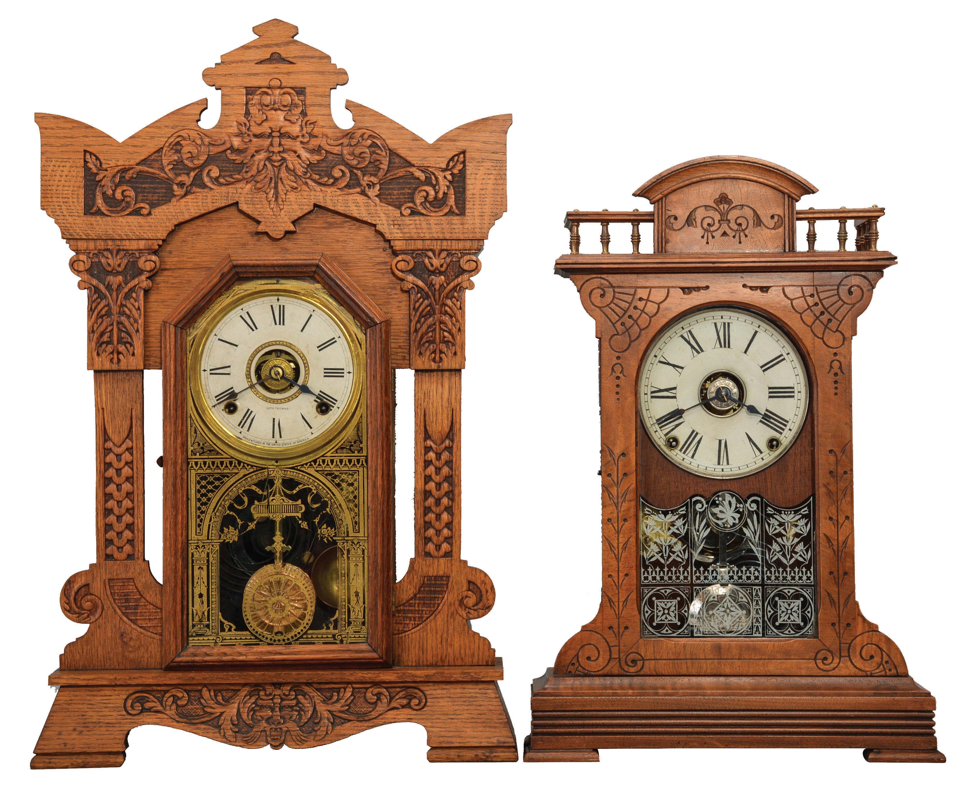 Clocks- 2 (Two): (1) Seth Thomas Clock Co., Thomaston, Conn., "Giants, No. 1" shelf clock with a spring driven, 8 day, time, half hour strike and alarm movement in an oak case, c1904.) (2) Seth Thomas Clock Co., Thomaston, Conn., "Buffalo" shelf clock with a spring driven, 8 day, time, strike and alarm movement in a walnut case, c1886. — Antique Clocks Price Guide