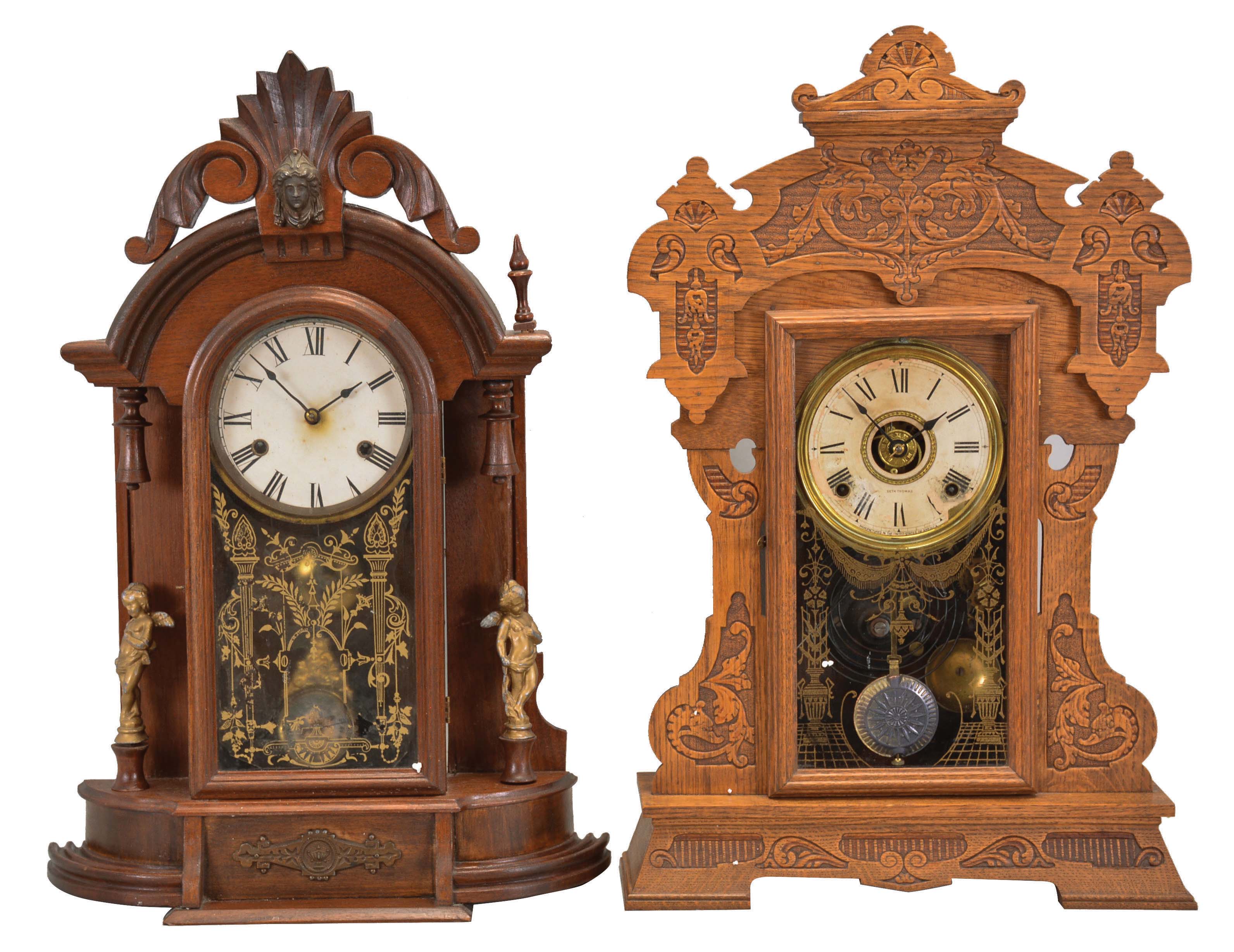 Clocks- 5 (Five): (1) William L. Gilbert Clock Co., Winsted, Conn., "Occidental", 8 day, time and strike, spring brass movement shelf clock, c1891 (2) Seth Thomas Clock Co., Thomaston, Conn., "Drop Octagon, 8 inch", 8 day, time and strike, spring brass movement small wall clock, c1928 (3) Seth Thomas Clock Co., Thomaston, Conn., "Giants, No. 3 ", 8 day, time, strike and alarm spring brass movement shelf clock, c1904 (4) Seth Thomas Clock Co., Thomaston, Conn., 8 day, spring brass movement calendar short drop wall timepiece, c1910 (5) Seth Thomas Clock Co., Thomaston, Conn., "Office 11", 30 day, spring brass movement wall timepiece, c1921 — Antique Clocks Price Guide