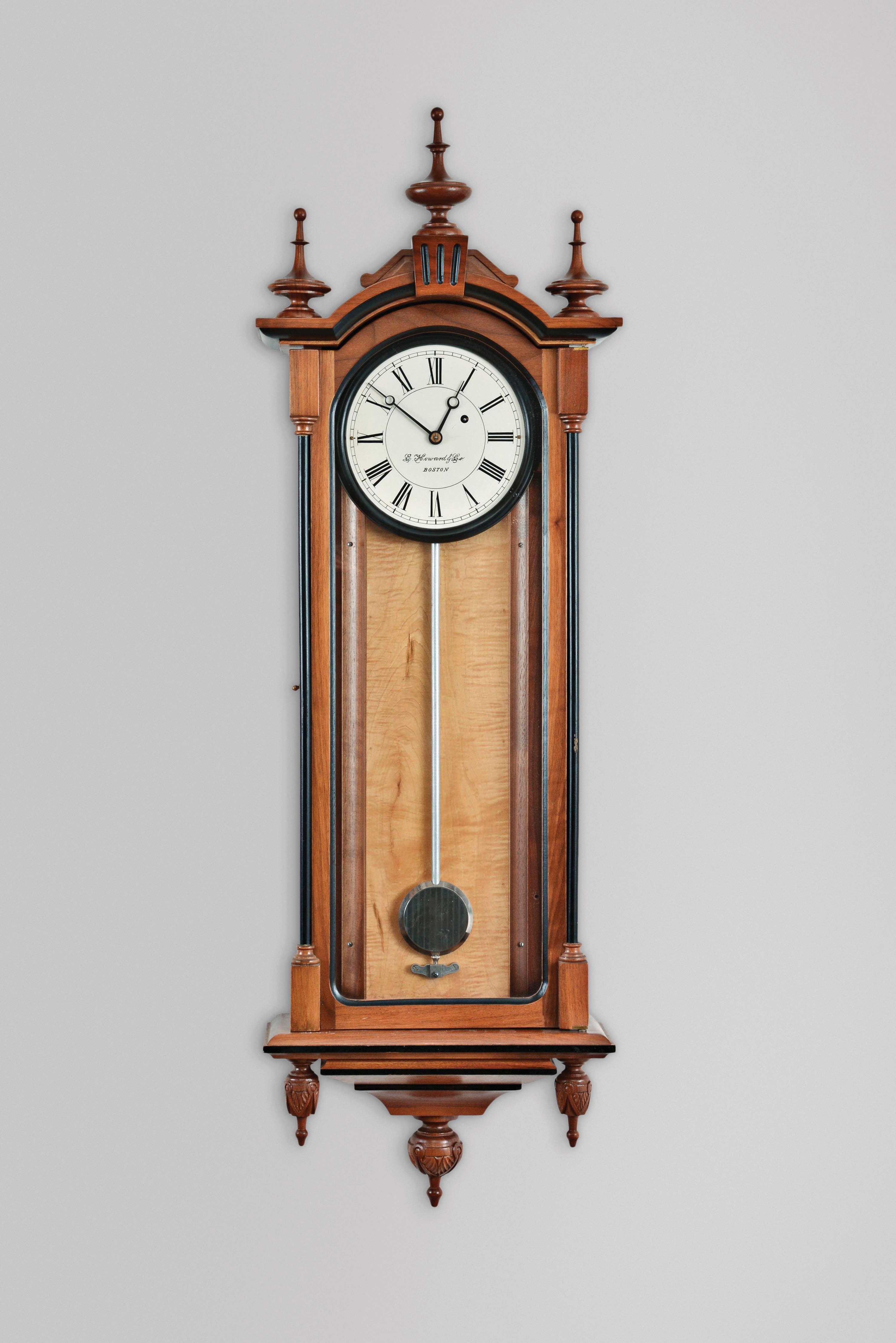 E. Howard & Co., Boston, Mass., "Regulator No. 59-8" reissue, 8 day, weight driven brass movement hanging timepiece. Case is stamped "53". Movement is also stamped "53" and Aug. 1976. — Antique Clocks Price Guide
