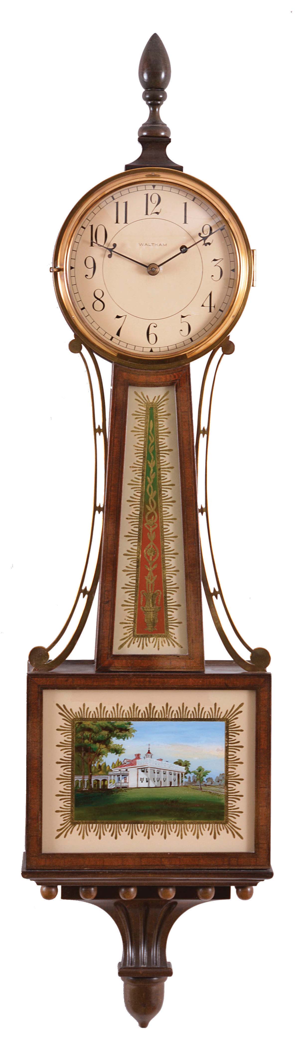 Waltham Clock Co., Waltham, Mass., 8 day, weight driven brass movement patent or banjo timepiece. Serial No. 9238. — Antique Clocks Price Guide