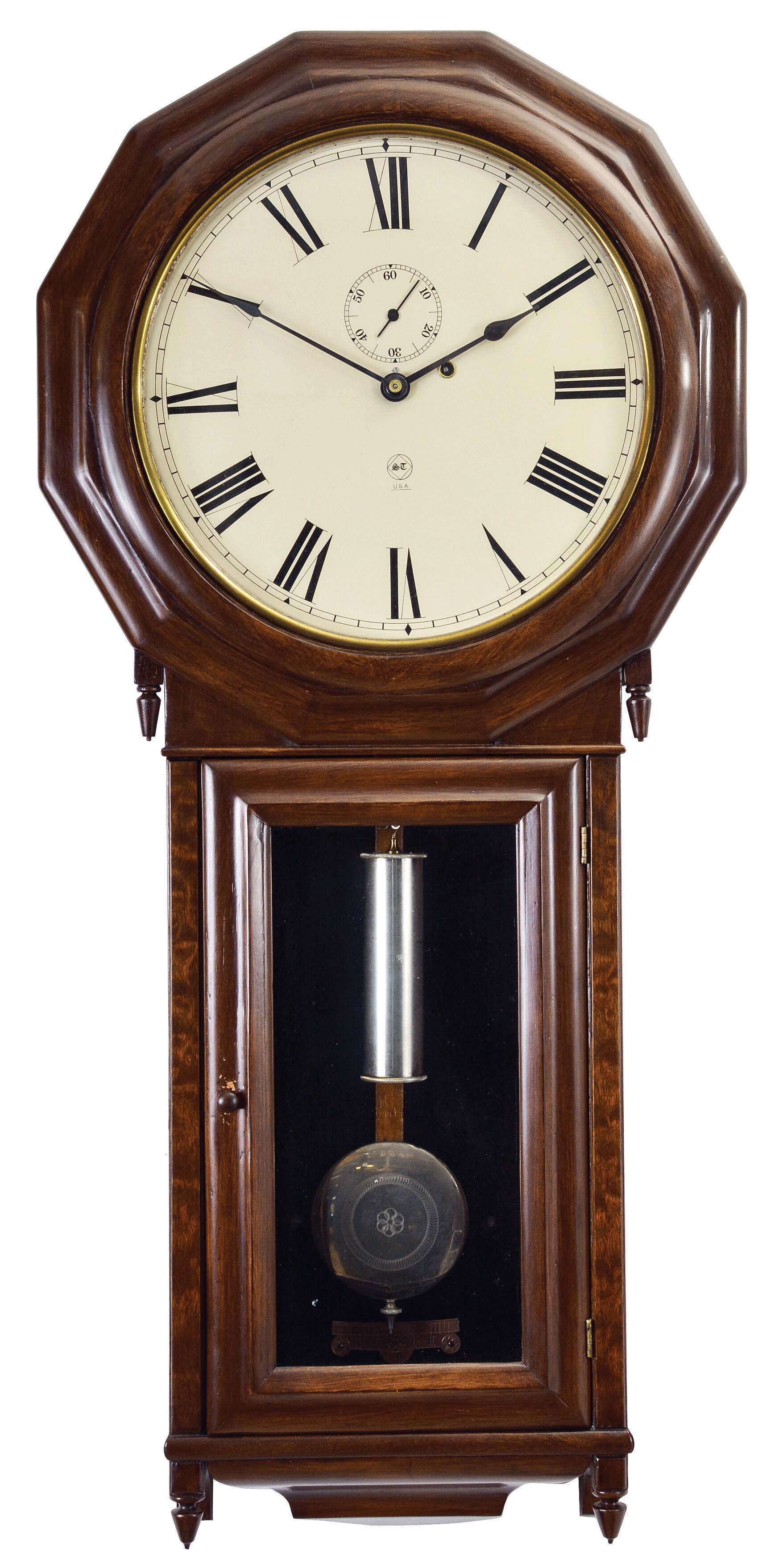 Seth Thomas Clock Co., Thomaston, Conn., "Regulator No. 3" wall hanging clock with a weight driven, 8 day, timepiece movement with a dead-beat escapement and maintaining power in a walnut case. — Antique Clocks Price Guide