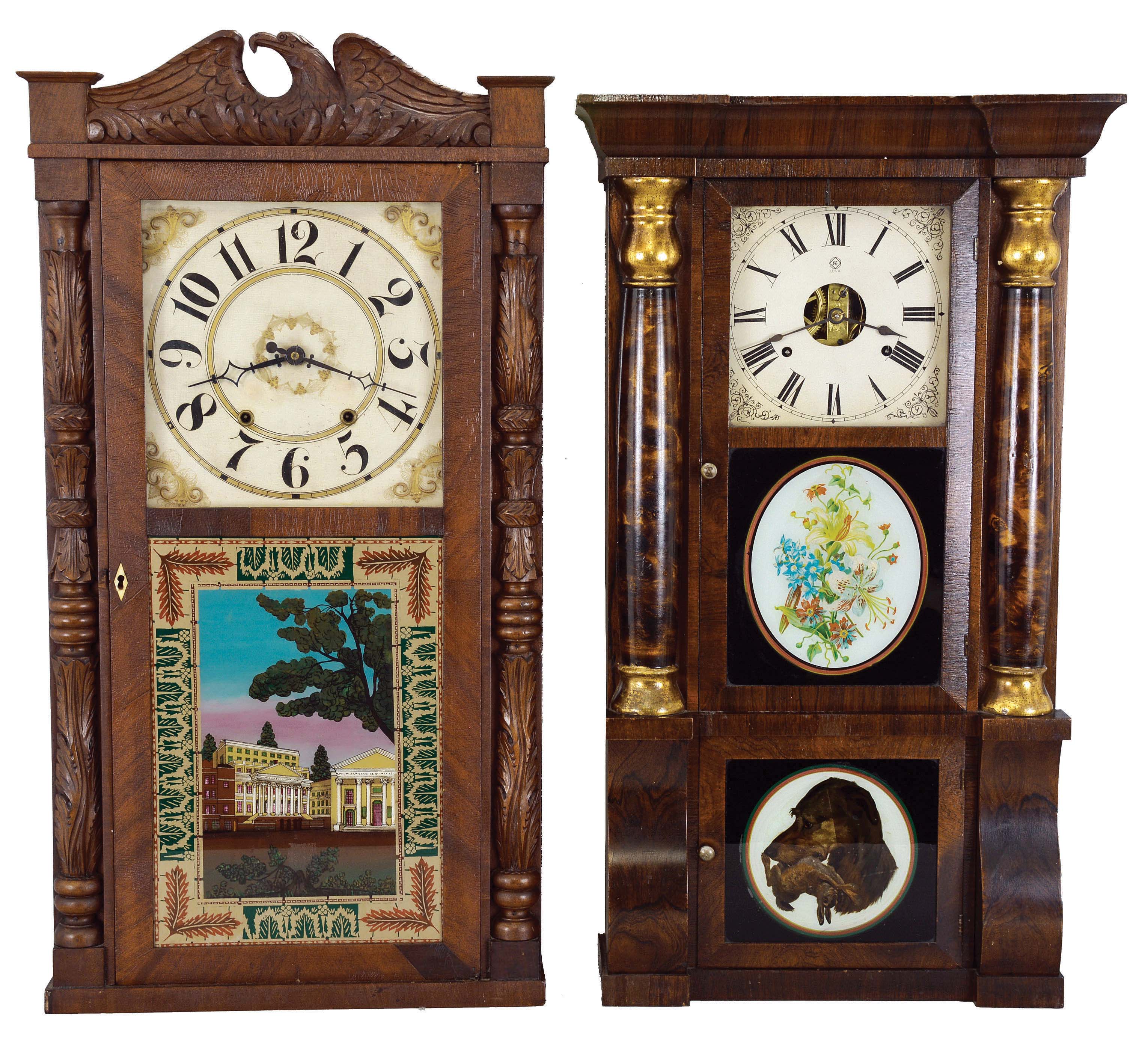 Clocks- 3 (Three): Seth Thomas Clock Co., Thomaston, Conn., "Parlor Calendar No. 3", 8 day, time and strike, spring brass movement double dial calendar clock, c1900 (2) Riley Whiting, Winchester, Conn., 30 hour, time and strike, weight wood movement carved column & carved eagle splat shelf clock, c1830 (3) Seth Thomas Clock Co., Thomaston, Conn., 8 day, time and strike, weight brass movement column & cornice shelf clock, c1870 — Antique Clocks Price Guide