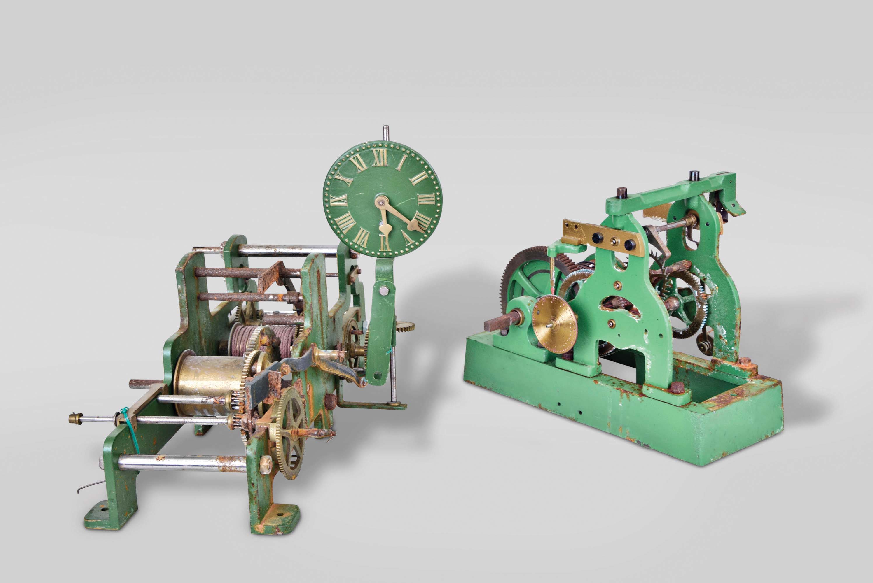 Tower or Street Clock Movements- 2 (Two) small with deadbeat escapement in green paint: (1) Time only; (2) Time and strike — Antique Clocks Price Guide
