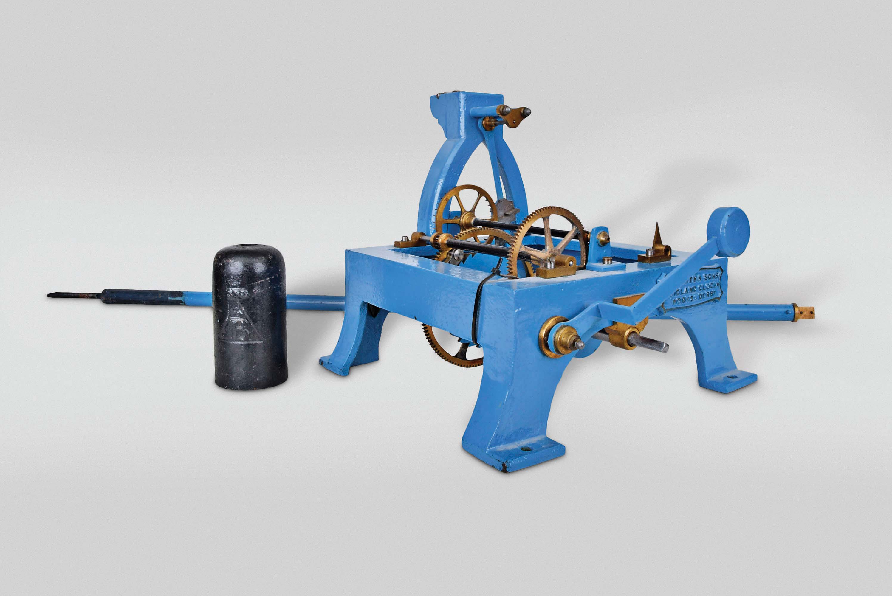 Midland Clockworks, J. Smith & Sons, Derby, England tower or street clock, time only, weight driven movement with pinwheel escapement in blue painted cast iron frame — Antique Clocks Price Guide