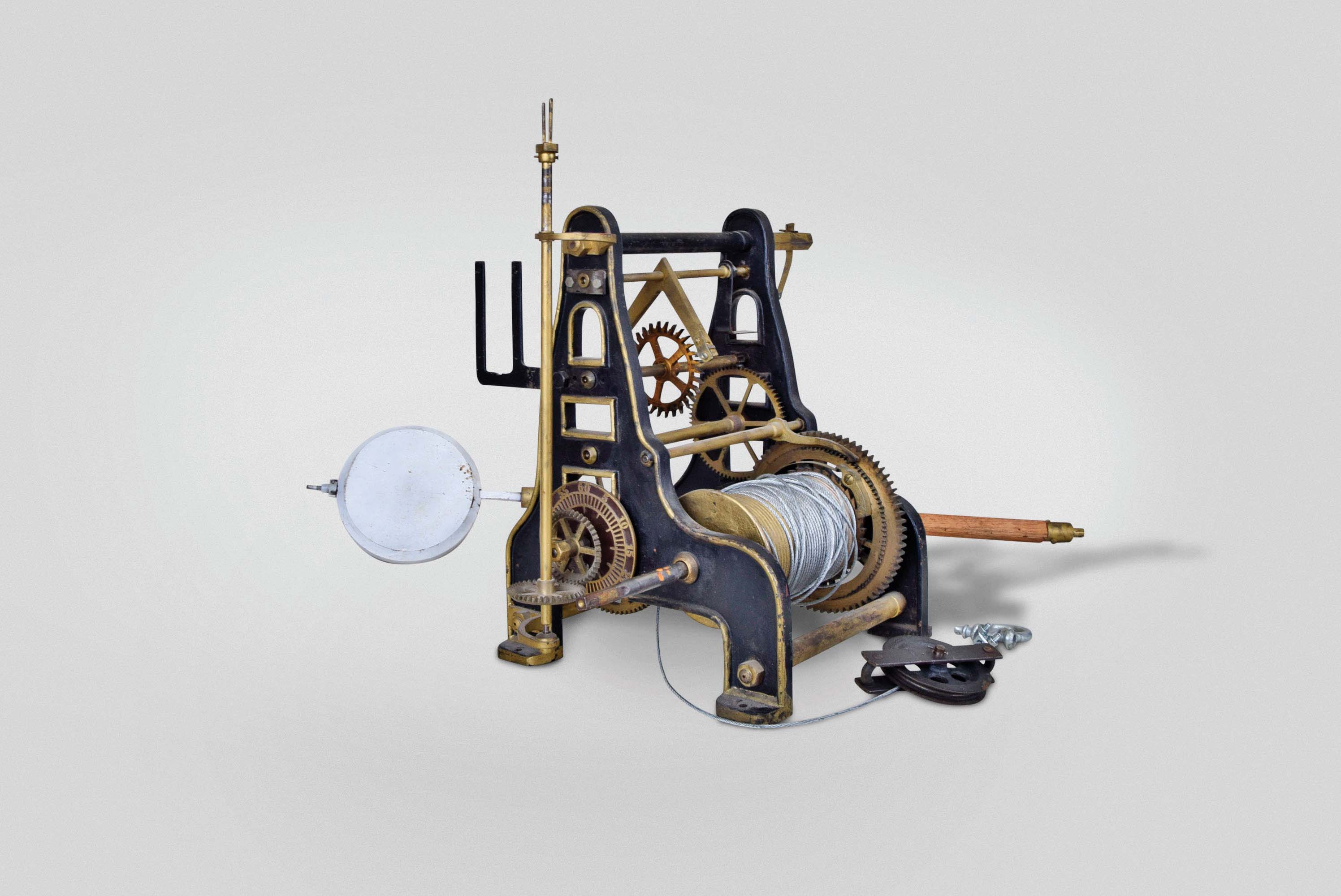 European, tower or street clock, time only, weight driven movement with anchor escapement in painted cast iron frame with transmission parts attached — Antique Clocks Price Guide