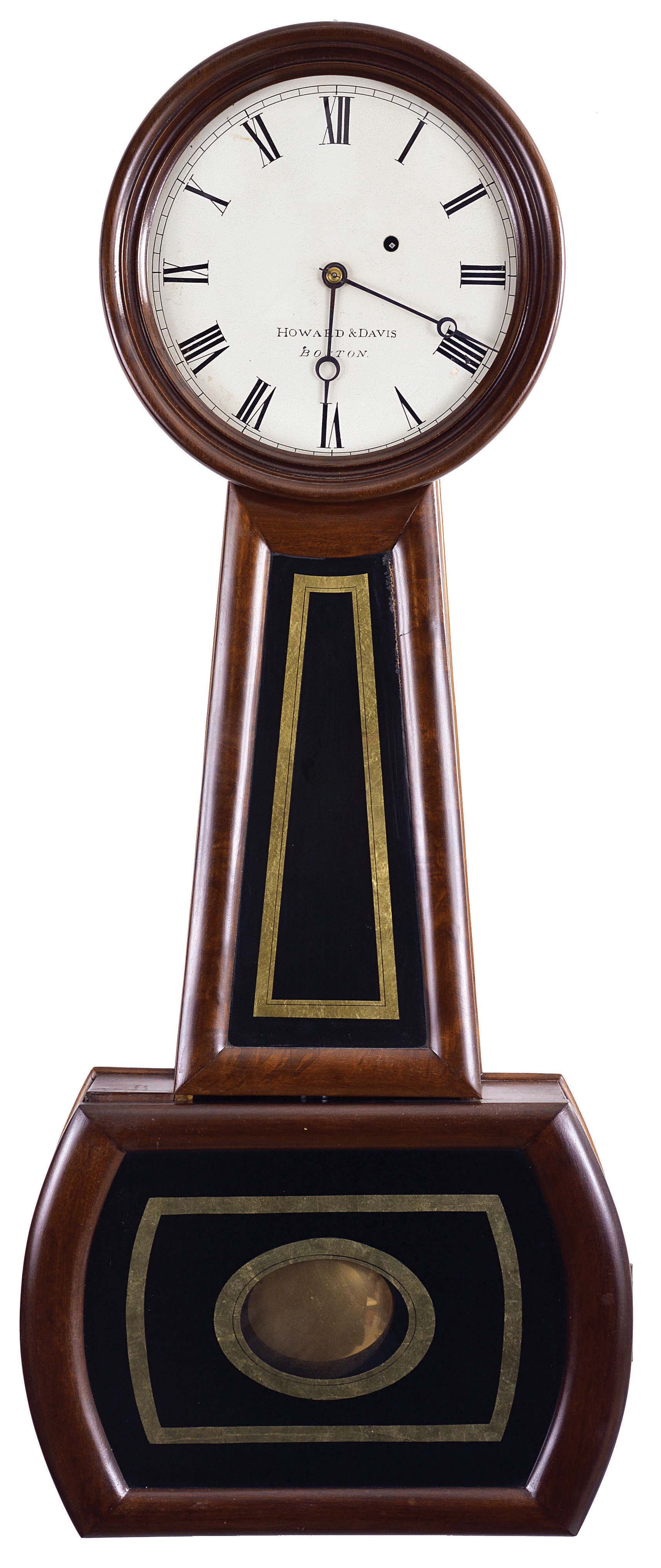 Howard & Davis, Boston, Mass., "Regulator No. 3", 8 day, time and strike, weight driven brass movement banjo timepiece. — Antique Clocks Price Guide