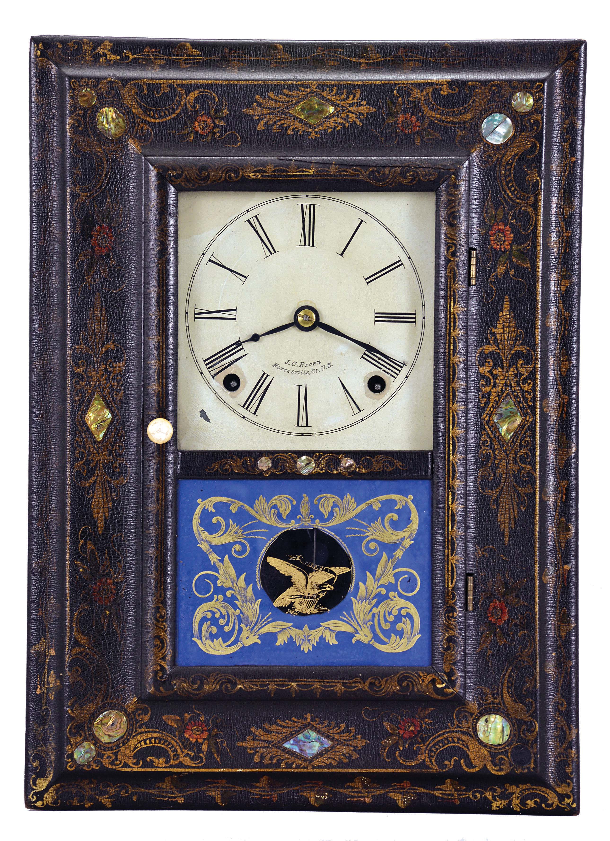 Forestville Manufacturing Co, (J. C. Brown), 8 day, time and strike, spring brass movement paper mache picture frame shelf clock. — Antique Clocks Price Guide