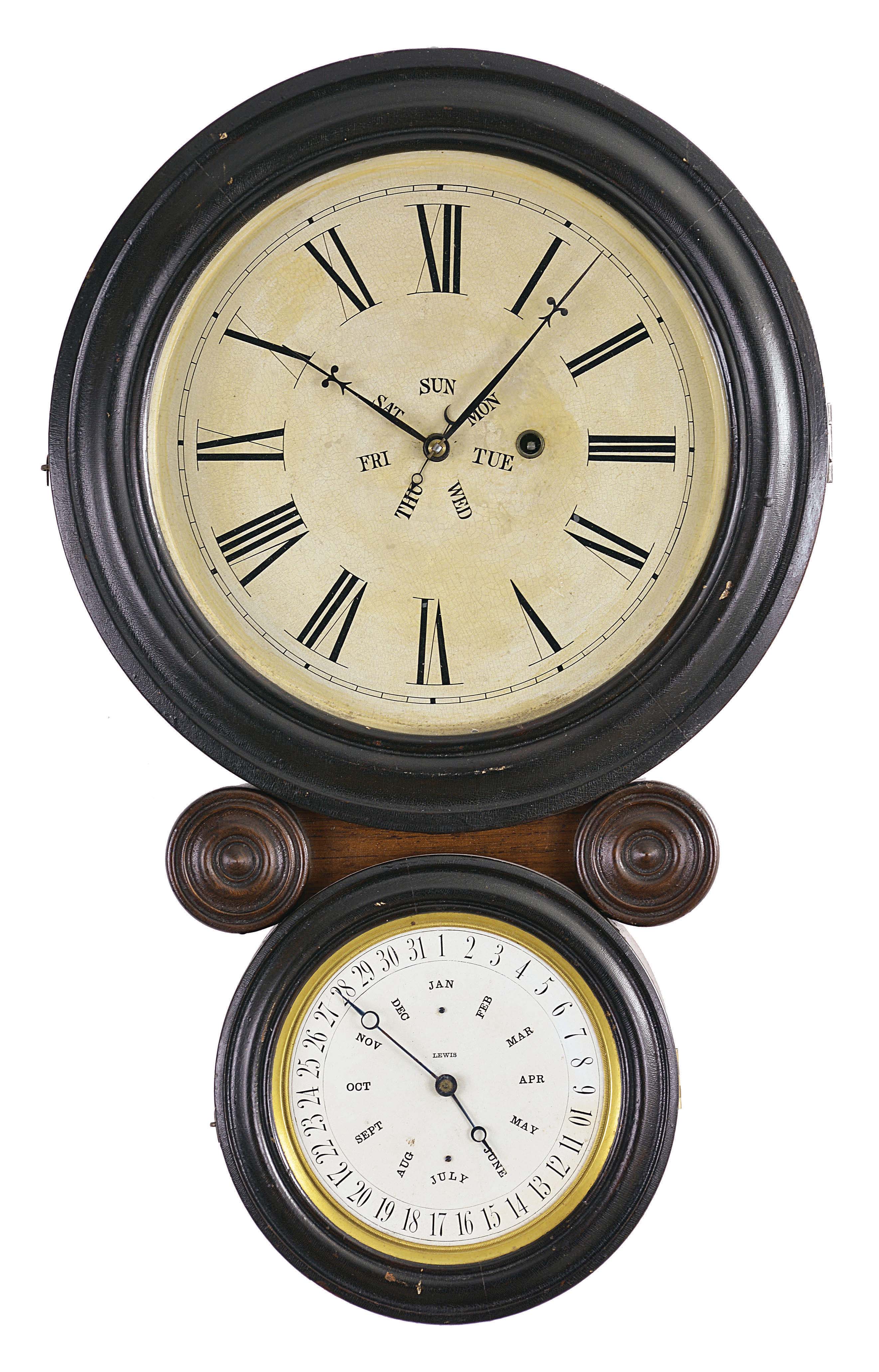 E. Ingraham & Co., Bristol, Conn., "Ionic", 8 day, spring brass movement double dial wall timepiece with B. B. Lewis patent calendar. — Antique Clocks Price Guide