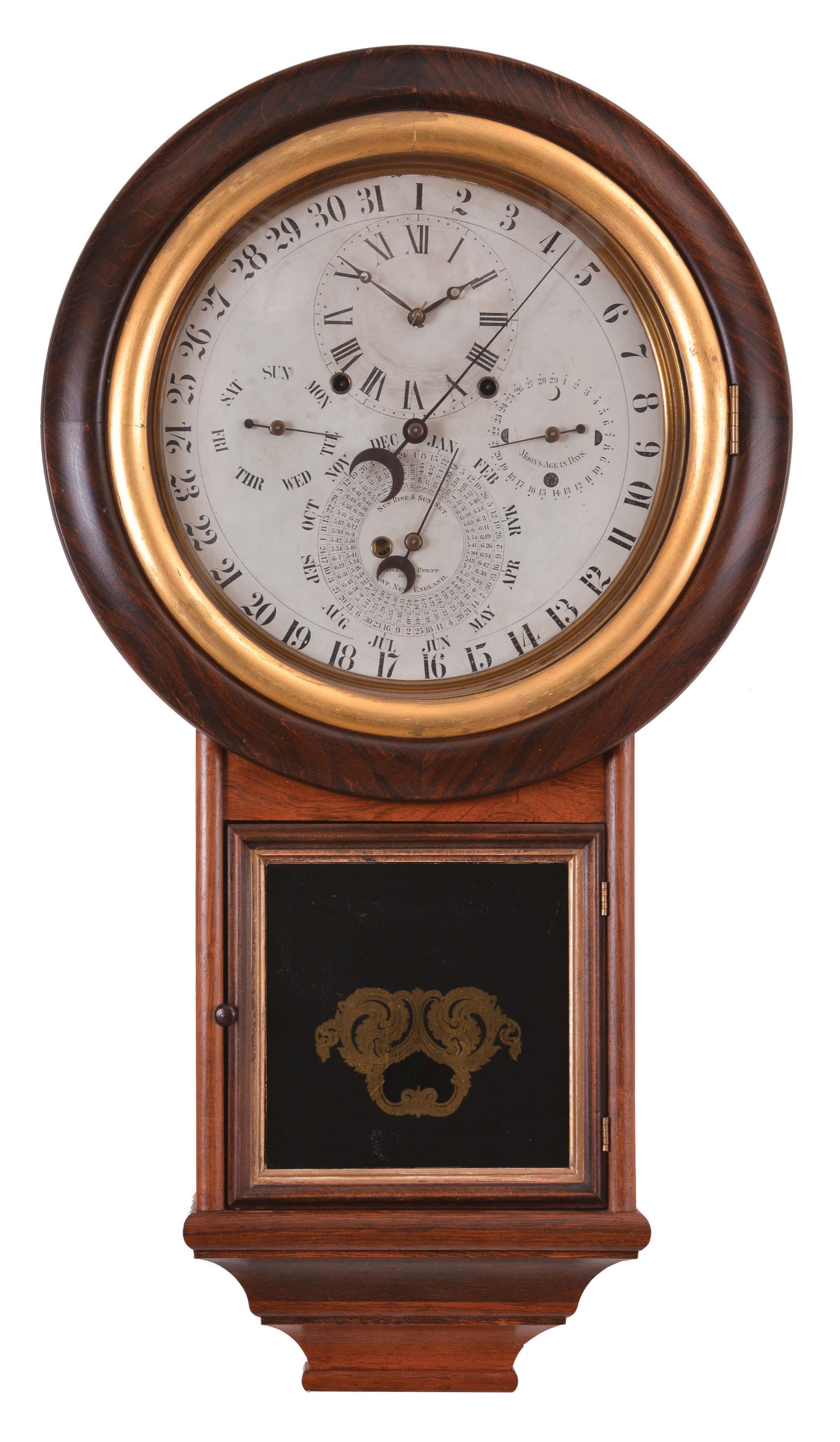 Welch, Spring & Co., Forestville, Conn., "Gale Drop Calendar Model No. 1", 8 day, time and strike, spring driven brass movement wall clock with Daniel J. Gale patent calendar. — Antique Clocks Price Guide