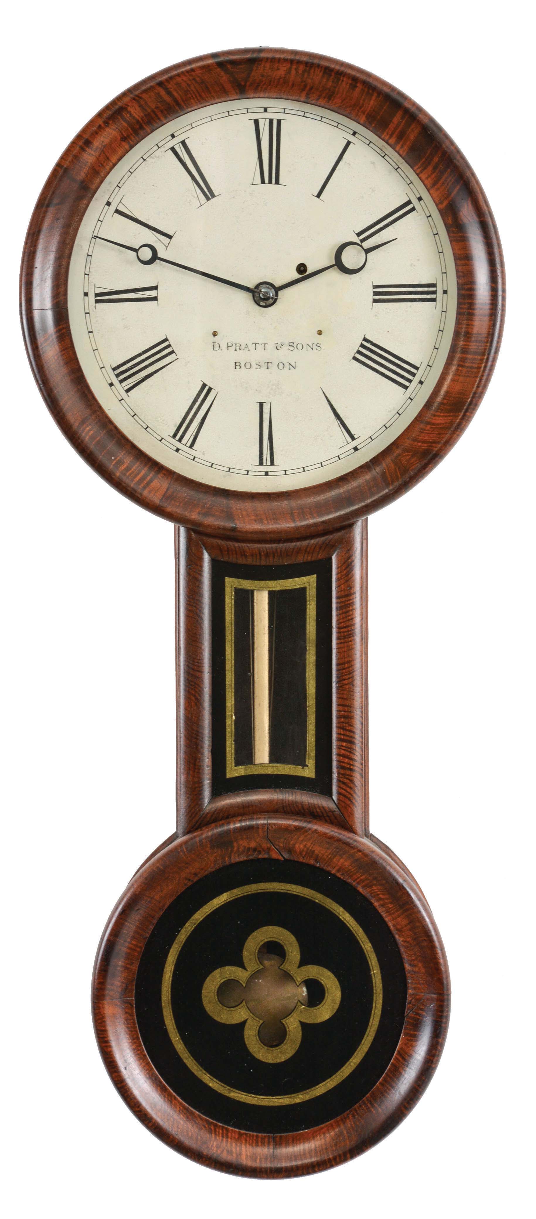Daniel Pratt & Sons, Boston, Mass., 8 day, weight driven, brass movement wall timepiece. Based on the way the pendulum is attached to the rod this timepiece was probably made by George D. Hatch of North Attleboro, Mass., and retailed by Pratt. — Antique Clocks Price Guide